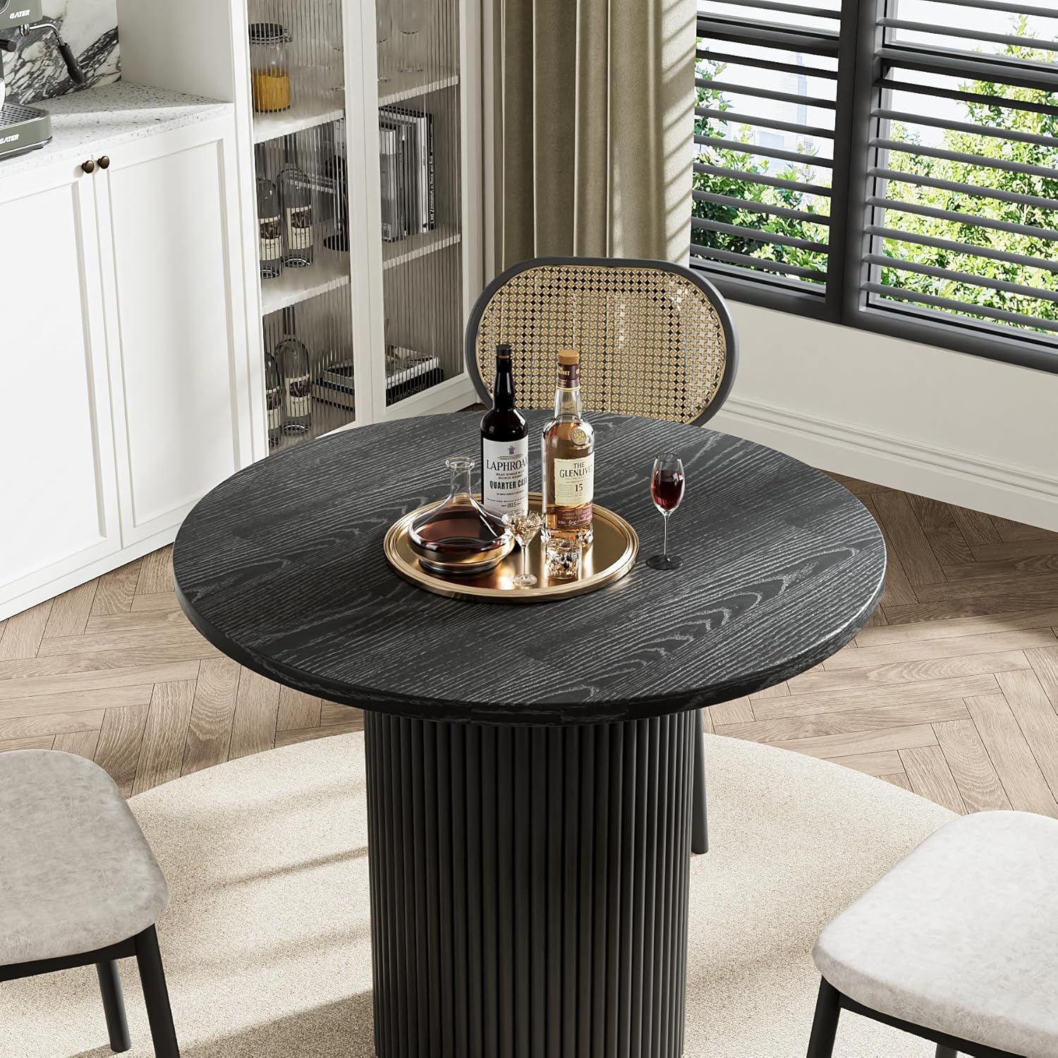 35.4" Round Wood Dining Table Fluted Kitchen Table Circle Dining Tables Modern Pedestal Tables Circular for 2-4 People, for Leisure, Coffee, Kitchen, Dining Room, φ35.4" x 30"H, Black