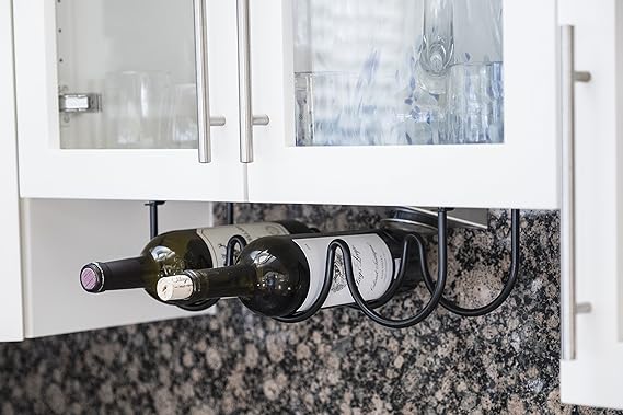 Wallniture Under Cabinet Durable Iron Wine Storage Rack for 3 Liquor Bottles (Black)