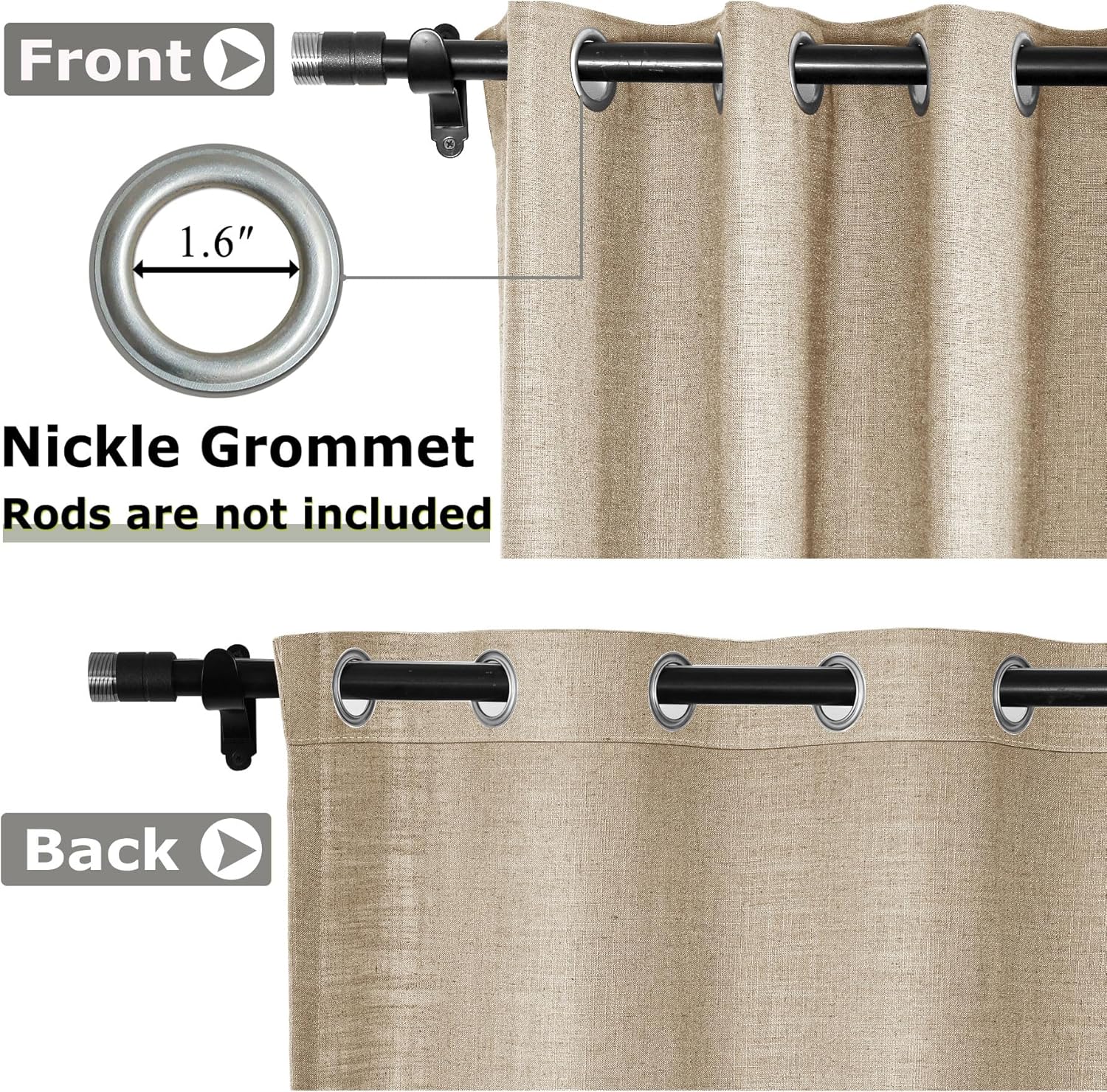 Frelement 52" W x 63" L Grommet Room Darkening Drape with Tiebacks Unlined Linen Curtains for Living Room Bedroom Light Blocking Curtains for Sliding Door Patio Door, 1 Panel, Oxford Tan