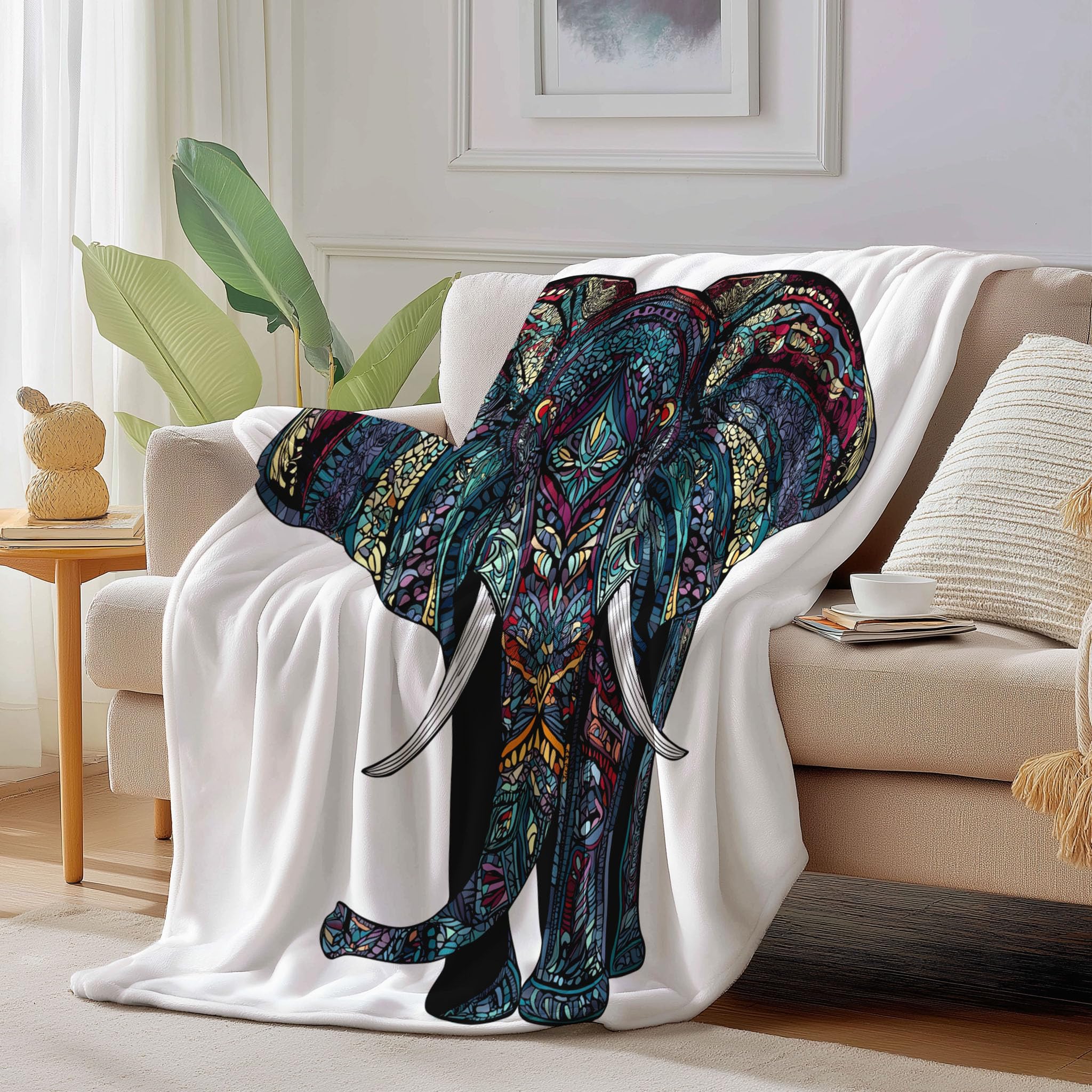 Couverture 150 x 200cm bleu à imprimé éléphants d'Afrique en flanelle et plaid polaire