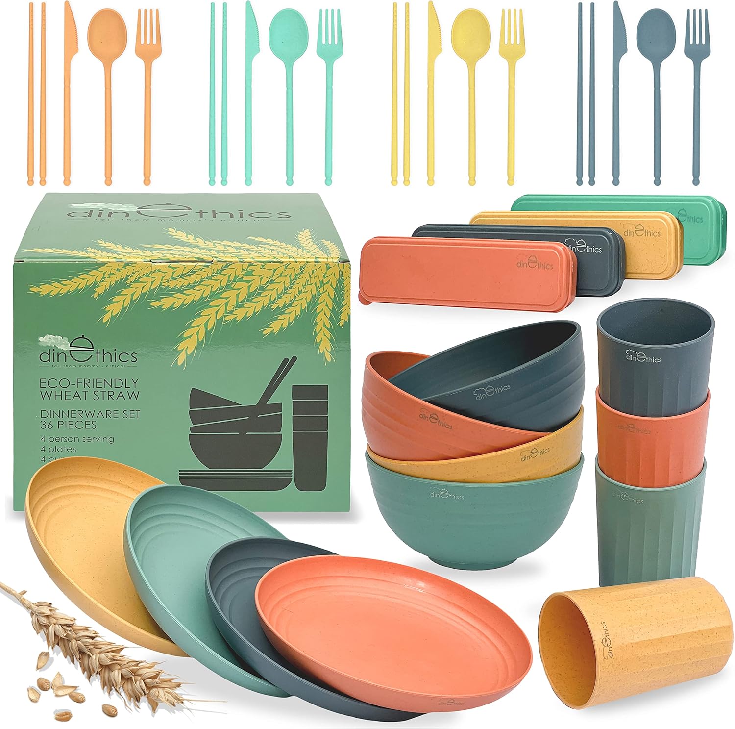  | DINETHICS Wheat Straw Dinnerware Sets For 4 (36pcs) Is Reusable Unbreakable Dinnerware Set, Microwave Safe Dinnerware n Lightweight Dinnerware Set - Ideal Camping Plates Cups And Bowls Set /Rv Dishes: Dinnerware Sets