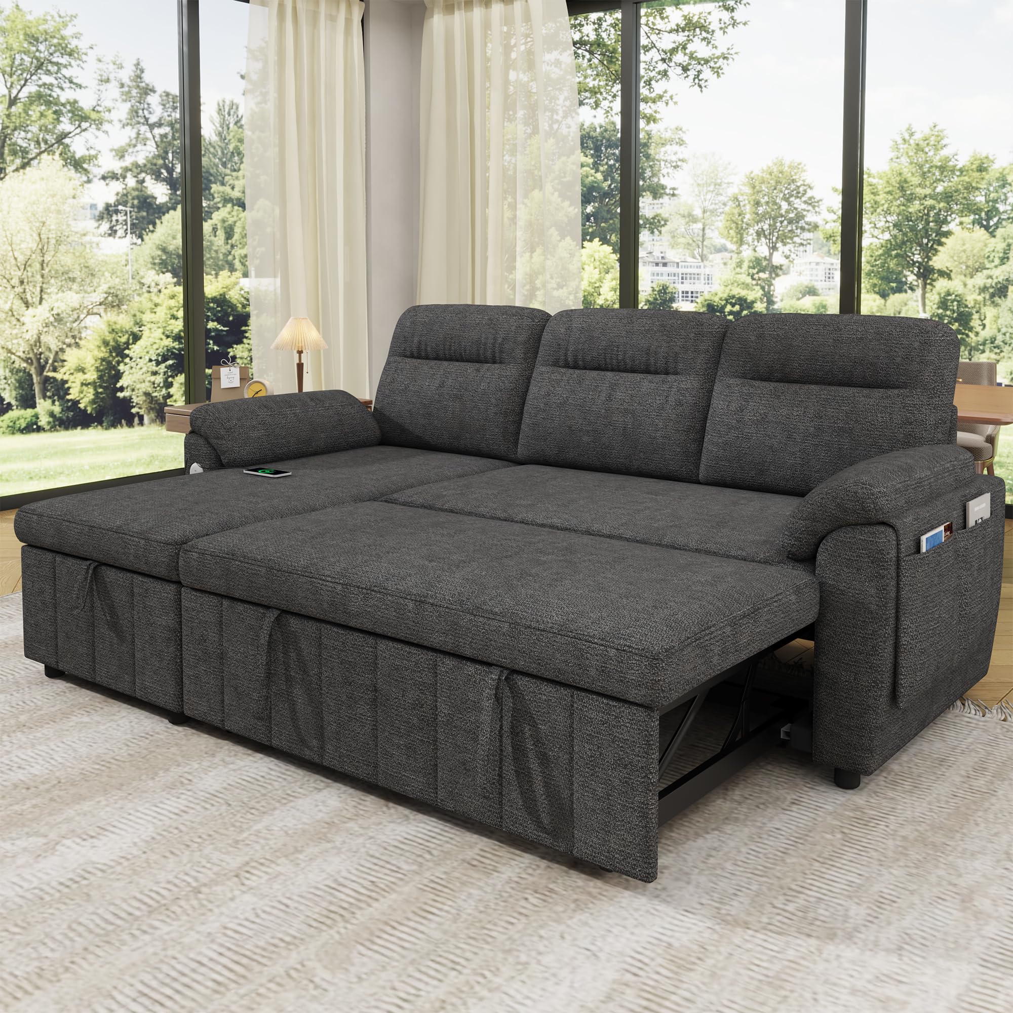 Sofá modular de 3 plazas con función cama extensible y USB/Type-C, sofá esquinero en forma de L con reposacabezas semifijos y compartimento de almacenamiento, sofás con chaise longue