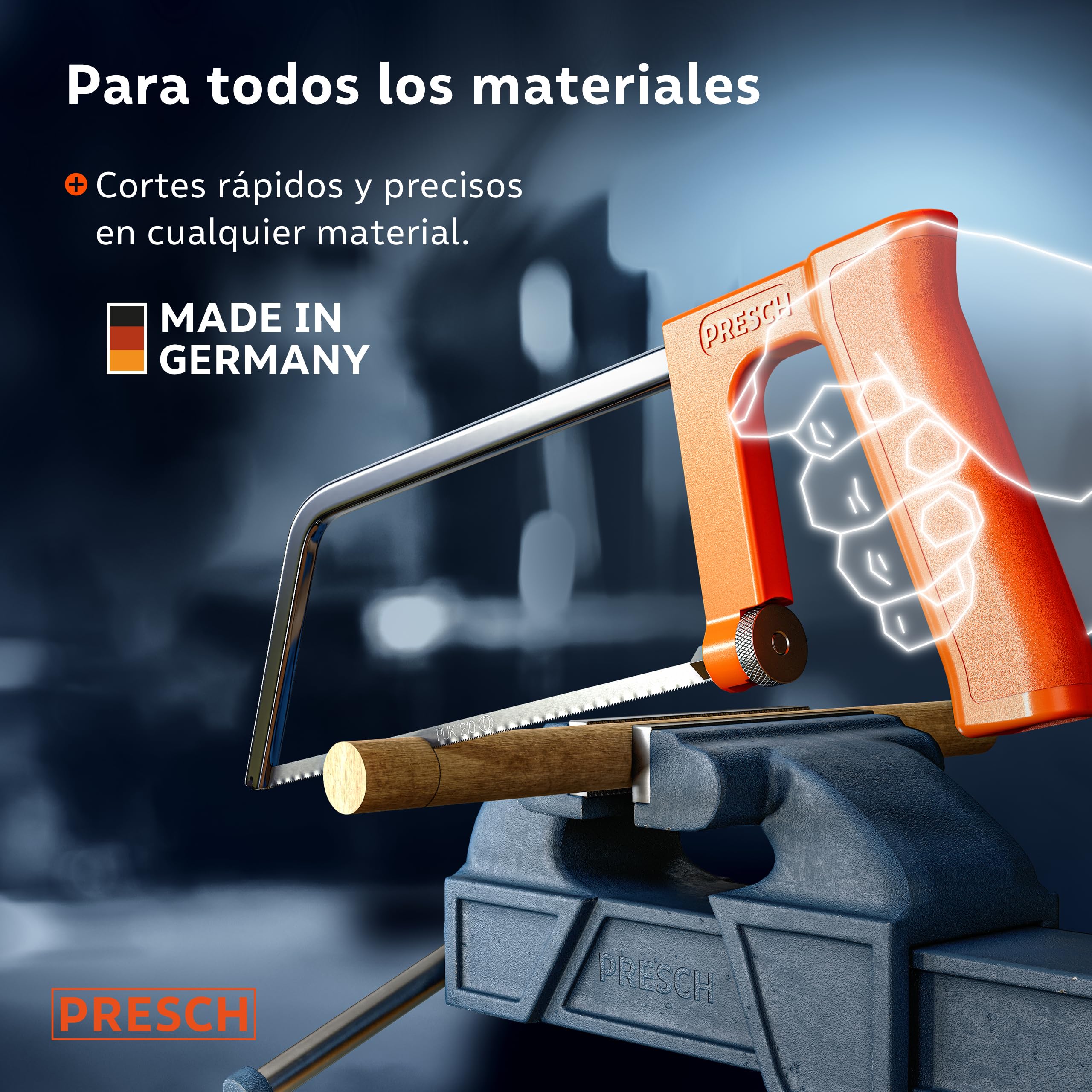 Presch Sierra de metal 200mm - Con hoja de sierra universal para cortes precisos - Cambio rápido de hojas de sierra - Mango ergonómico para serrar mejor - Sierra de arco pequeña, Sierra manual