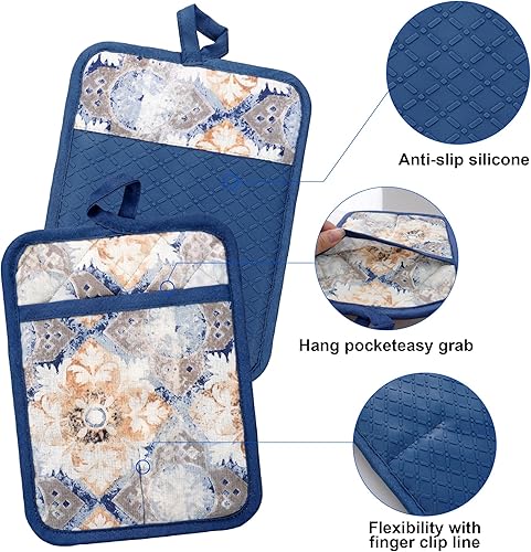 Miniatura 5 de Juego de 5 manoplas para horno y agarraderas con delantal de cocina, guantes de cocina resistentes al calor y agarraderas antideslizantes de