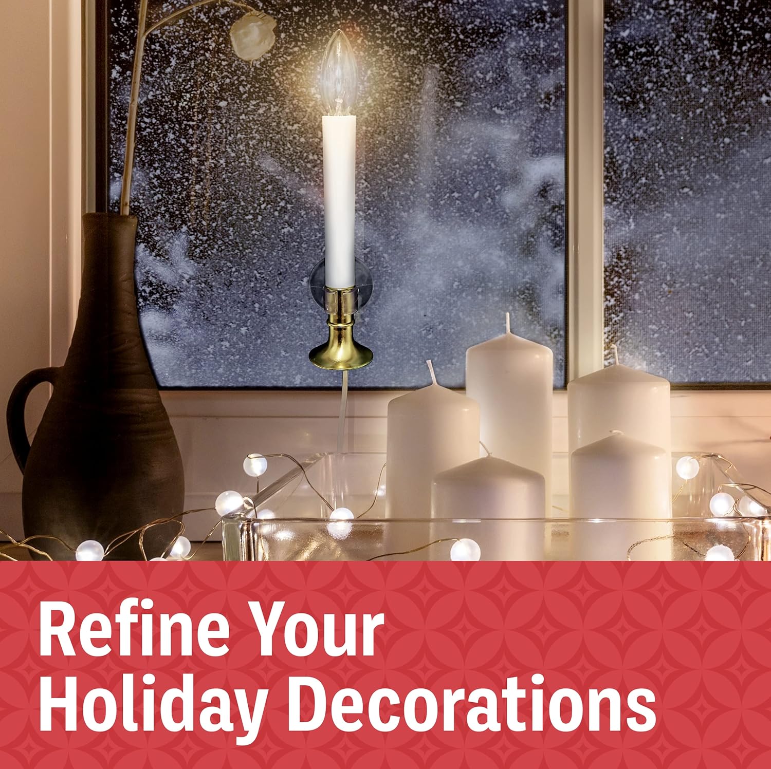 Holiday Joy - 1 Pack Christmas Window Candles with Sensor Dusk to Dawn Electric Corded - 9" Tall Electric Candlesticks with Built-in Auto Sensor, 2 Bulbs and Suction Cup Holder in Each Box - 5W - 120V