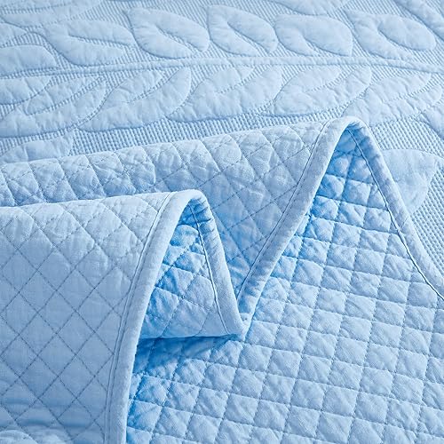 Miniatura 7 de MarCielo Juego de ropa de cama de 3 piezas, 100 % algodón, juego de colcha de gran tamaño, ligero y bordado, estilo rústico, T0 (azul claro, tamaño