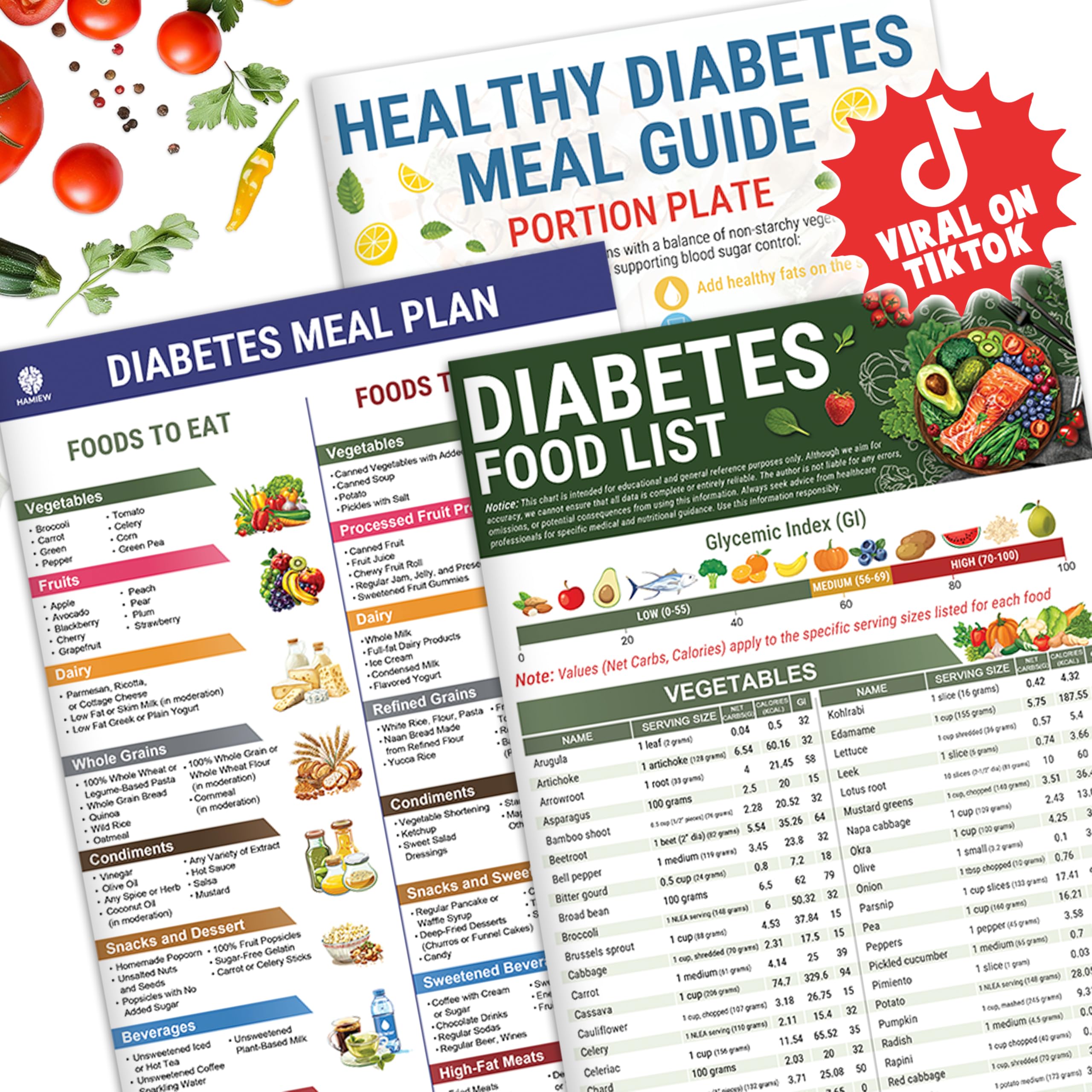 3 Pcs Diabetes Food List, Printable Diabetic Food Chart Brochure, Diabetes Information Chart, Vitamin Low Carb, Meal Planner for Diabetics Type 1 w/Serving Size, Glycemic Index (GI), Carbs Calories