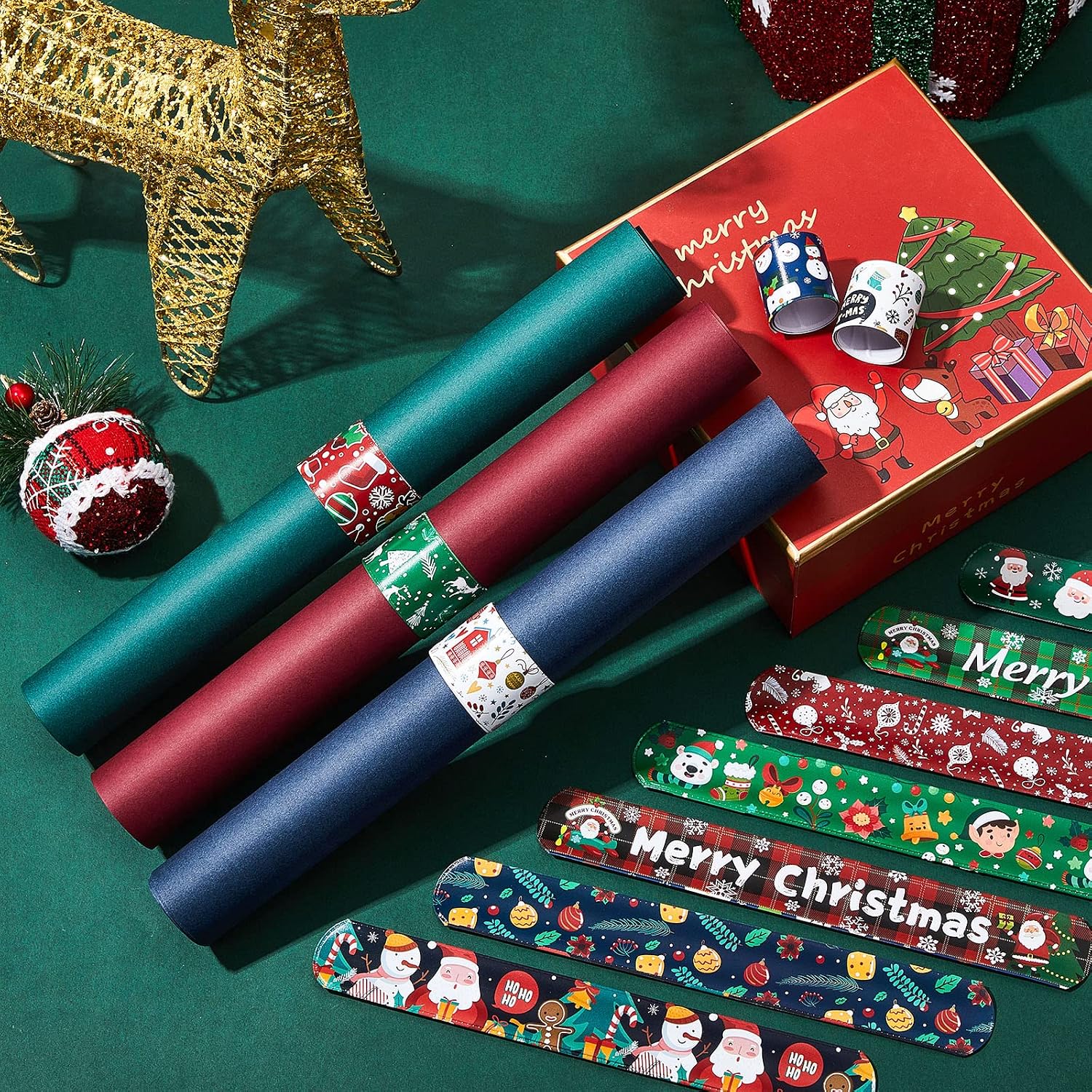 Lewtemi 24 Pcs Christmas Wrapping Paper Holder Clips Roll Bands, cute