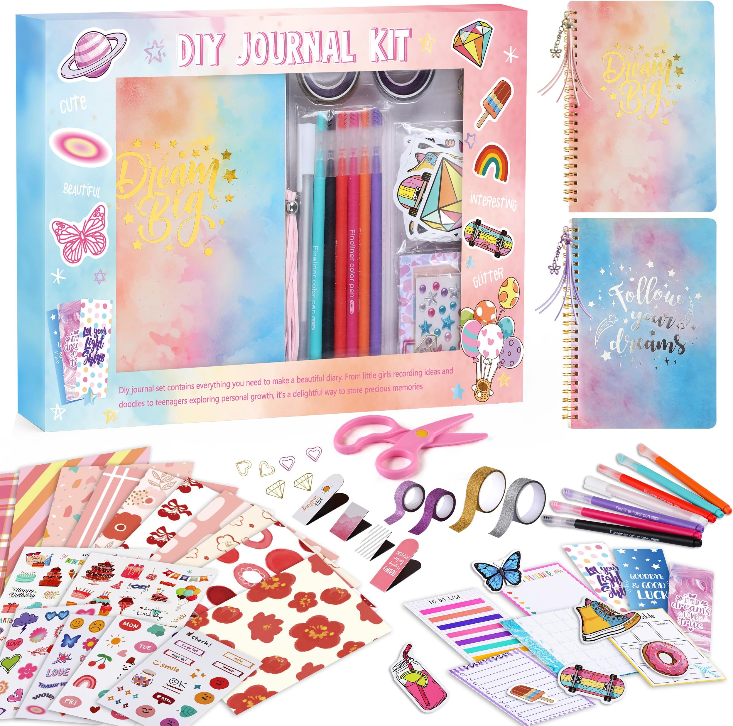 Journal Kit for Girls Ages 8-12, Scrapbook Kit with 2 Diaries & 300+ Scrapbook Supplies, Arts and Crafts for Kids Ages 8-12, Tween Girls Trendy Stuff, Perfect Christmas Gifts for Teens & Teen Girls