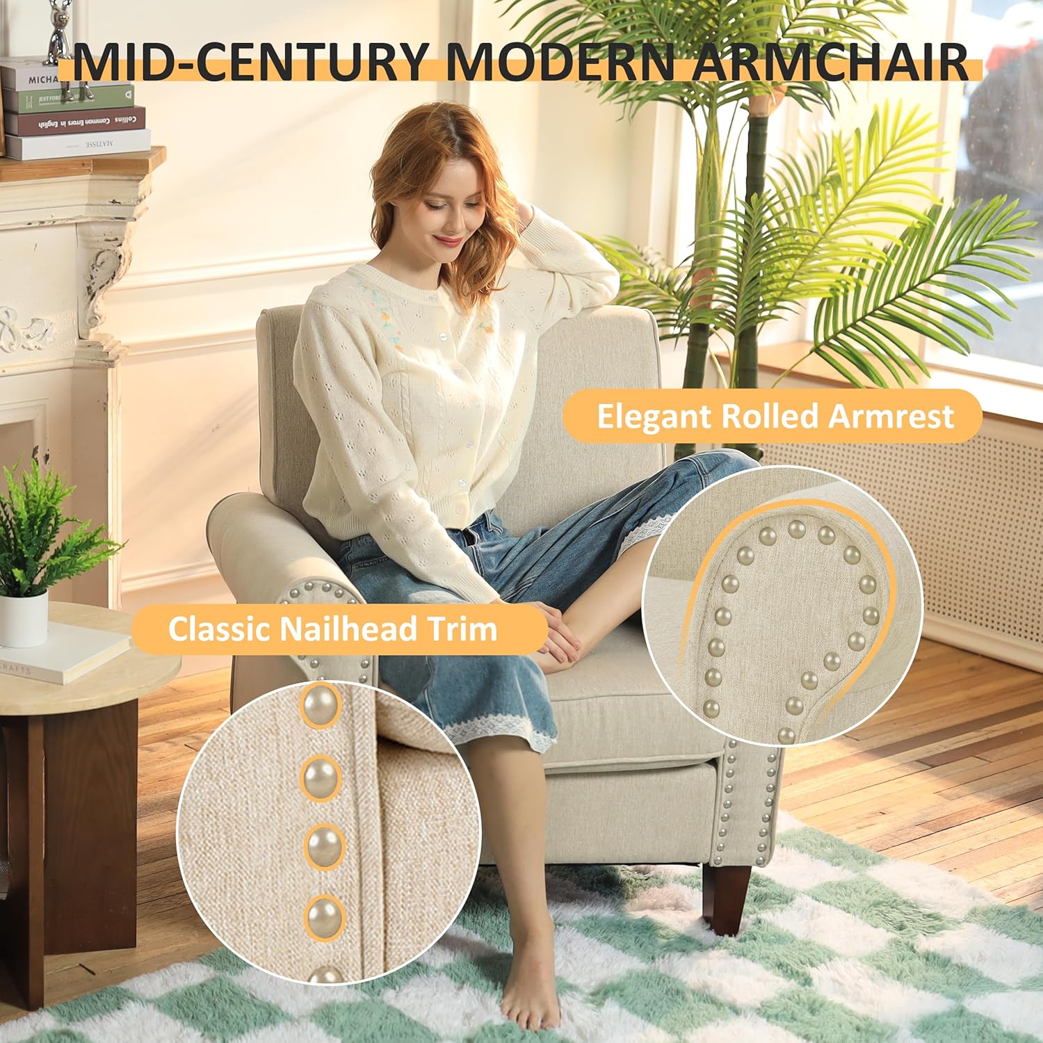 PrimeZone Comfy Accent Chair, Mid-Century Modern Fabric Living Room Chair Reading Chair with Soft Cushion, Nailhead Trim & Rolled Armrest, Arm Chair Sofa Chairs for Bedroom Waiting Room Office, Beige
