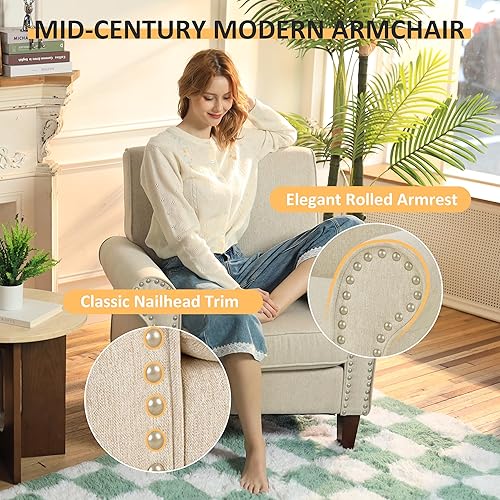 Miniatura 8 de PrimeZone Comfy - Silla decorativa de tela moderna de mediados de siglo, silla de lectura con cojín suave, ribete de cabeza de clavos y reposabrazos
