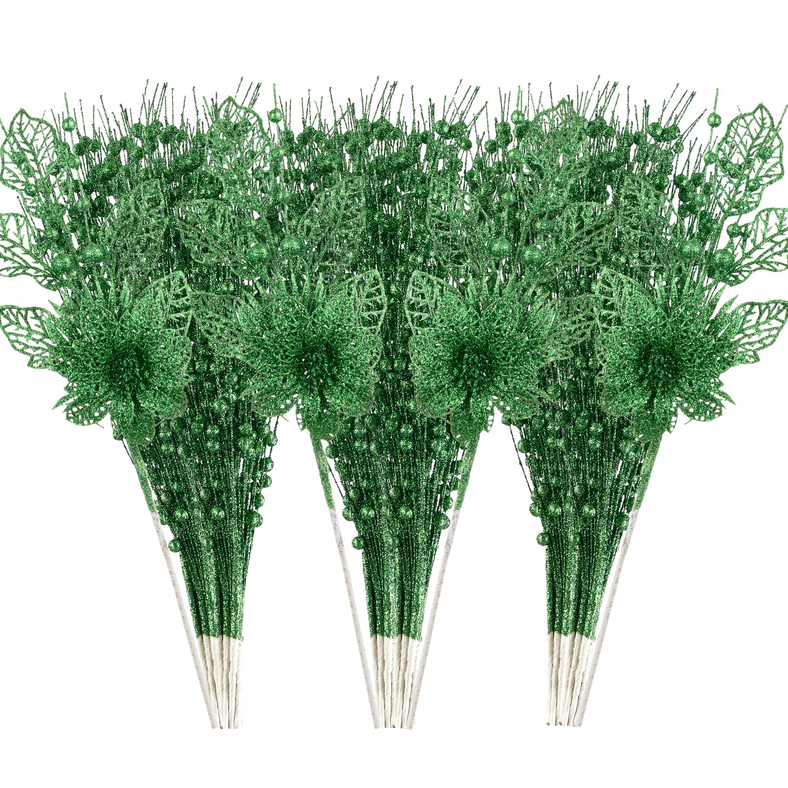 24 Pack Christmas Tree Ornaments - Artificial Flowers Glitter Berry Stems Christmas Floral Picks Branches for Xmas Tree Decorations Vase Filler Holiday Wedding Party Home Decor (Green)