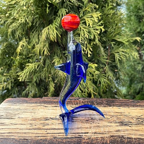 Miniatura 5 de Figura de delfín de cristal azul – Miniatura soplada a mano estilo Murano – Adorno coleccionable de delfín para estante o escritorio – Regalo