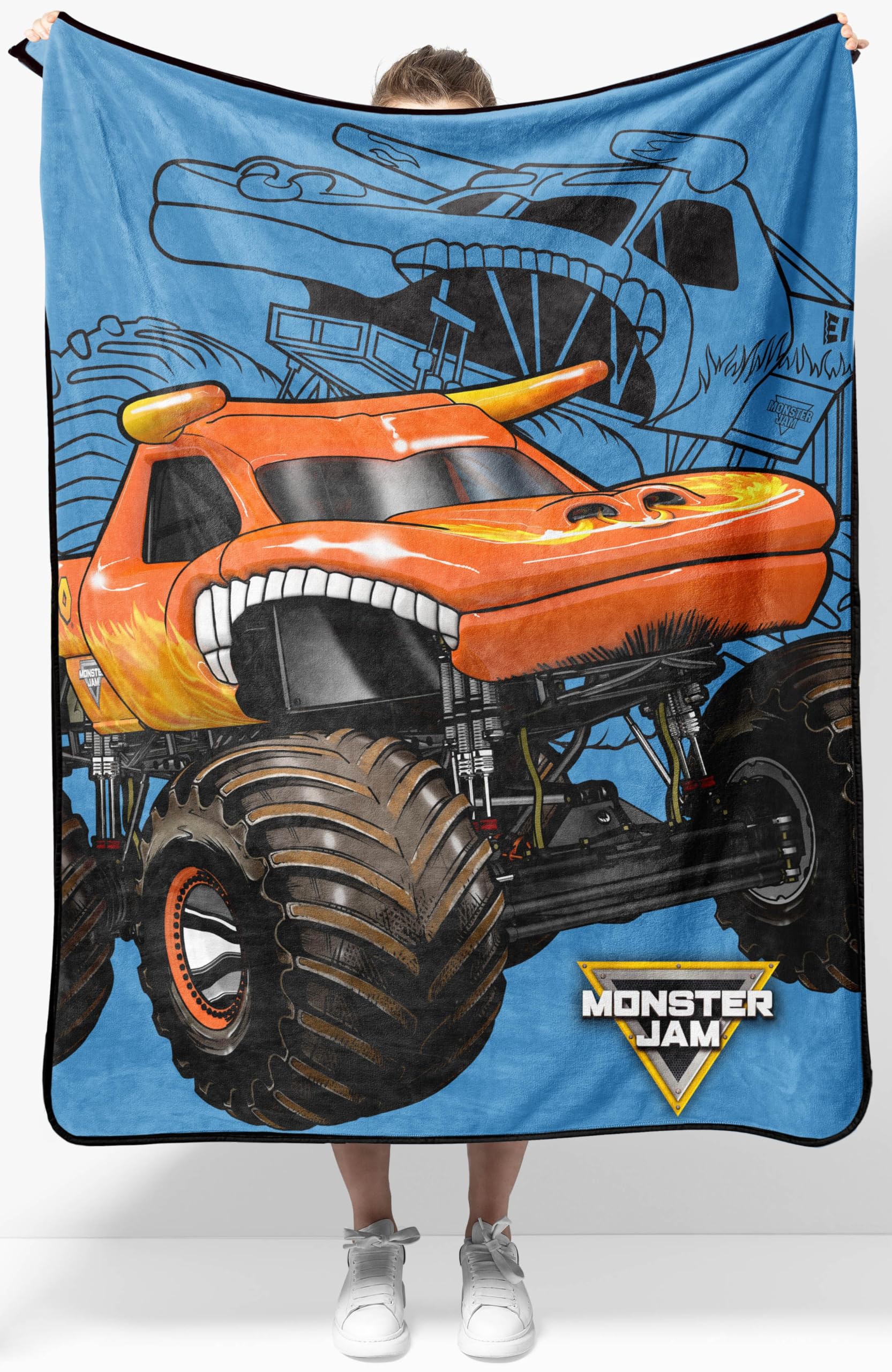 Couverture en peluche Monster Jam bleu pour enfant de 101x127 cm