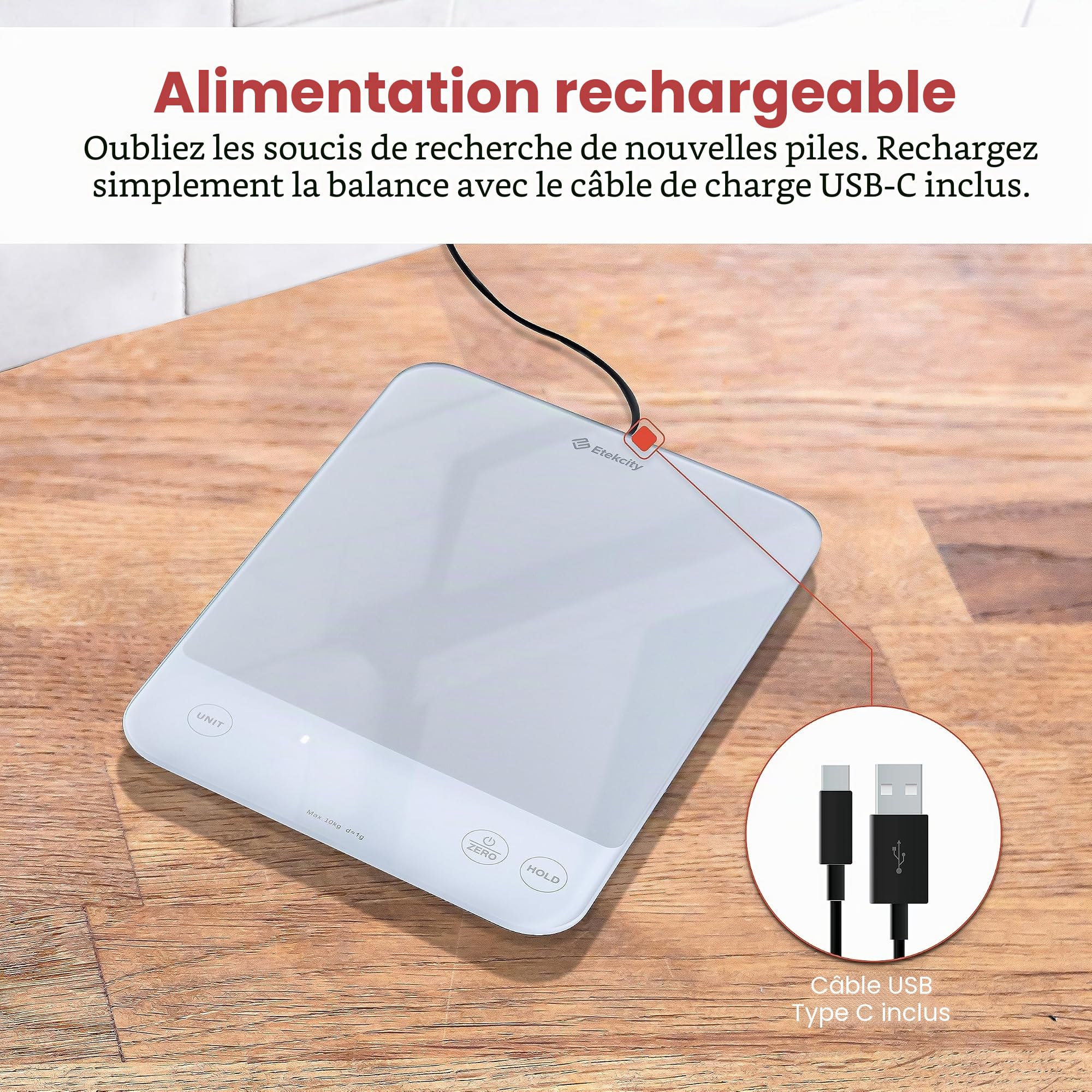 Etekcity Balance de cuisine 10 kg, rechargeable par USB, étanche IPX6