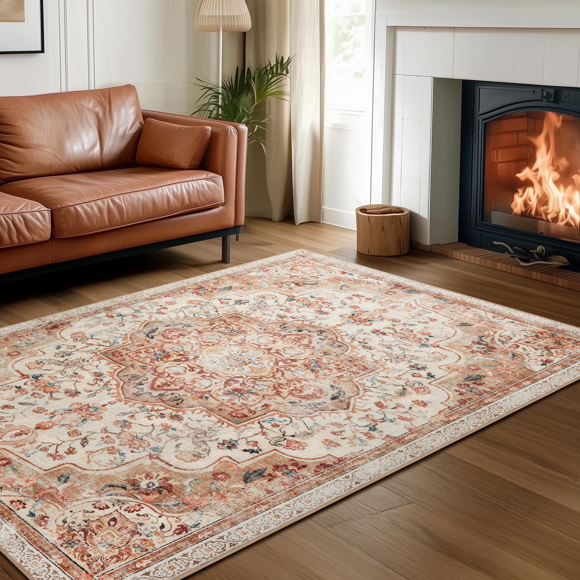 SONGMICS HOME Alfombra, Alfombra Antideslizante 120 x 170 cm para Dormitorio, Estilo Tradicional Vintage, Adorno para Salón, Cocina, Entrada, Comedor, Lavable a Máquina, Beige Capuchino TAR032K01 OEKO-TEX STANDARD 100