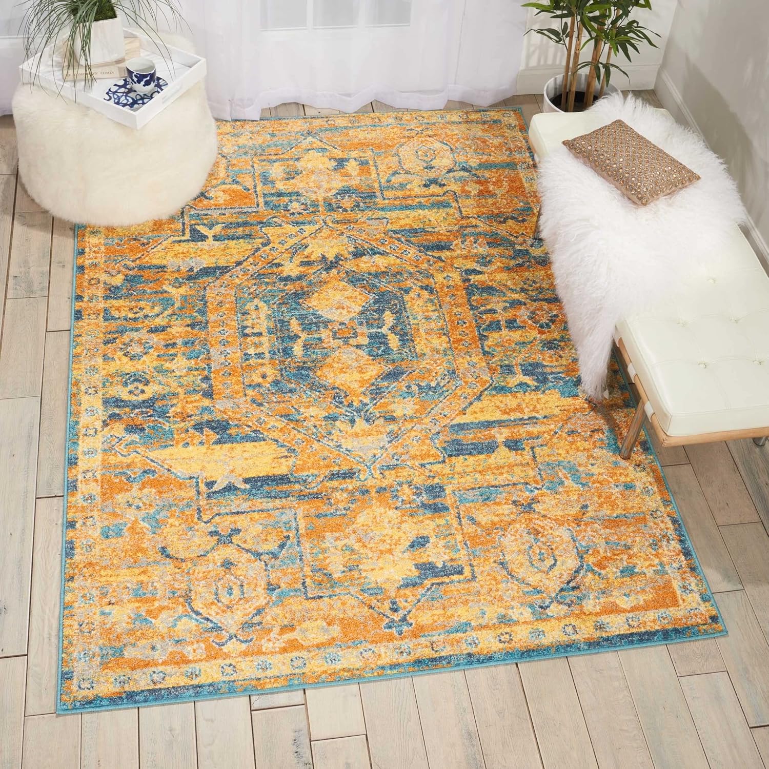 Nourison Home Passion Traditional Teal/Sun 3'9'' x 5'9'' Area-Rug, Easy Clean, Non Shedding, Bed Room, Living Room, Dining Room, Kitchen (4x6)