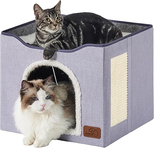 Bedsure Camas para gatos de interior  Cueva grande para gatos para casa de gatos con bola esponjosa para colgar y almohadilla para rascar, escondite