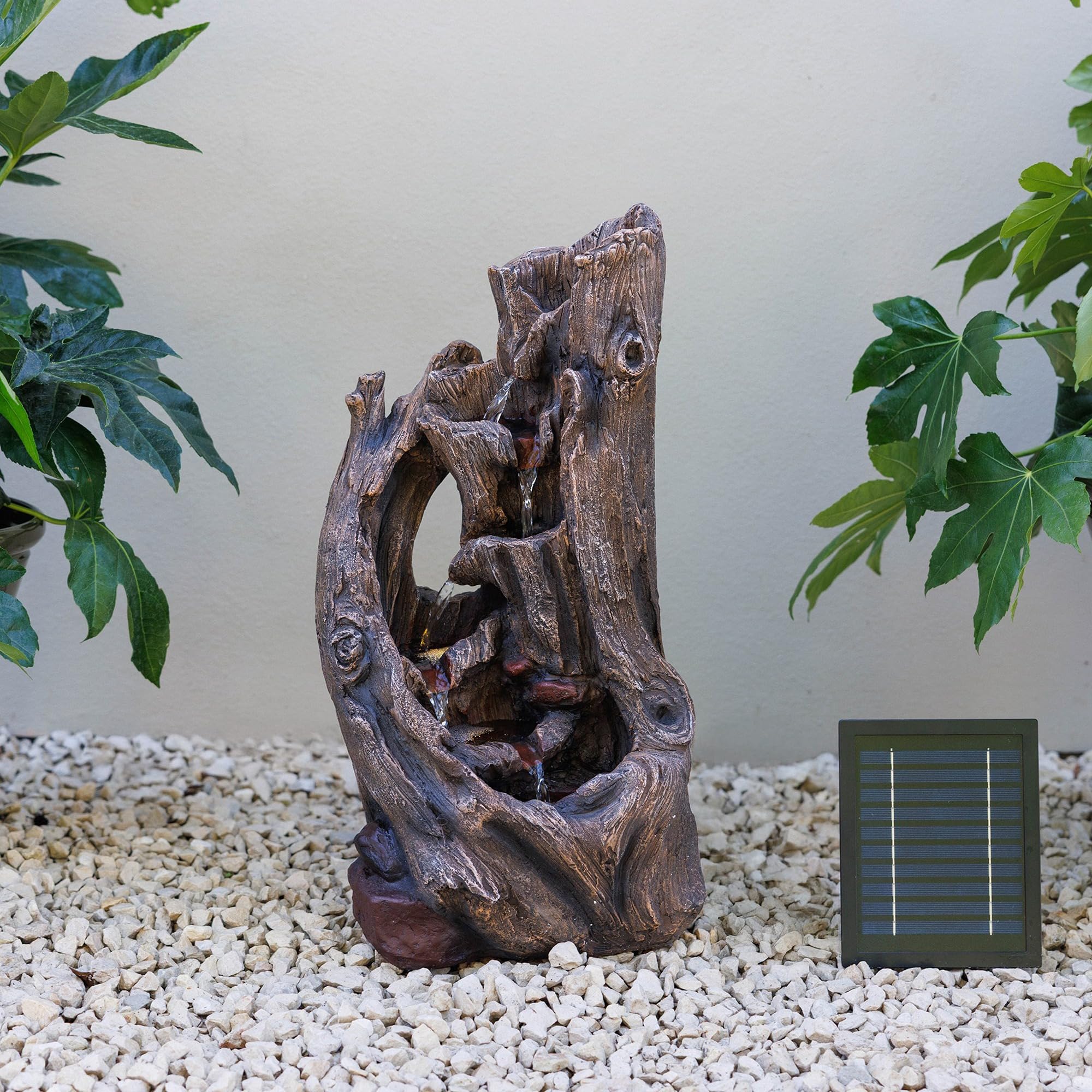 Primrose Solar Powered Water Feature Tree Bark Design With White LED Lights in Brown 60cm