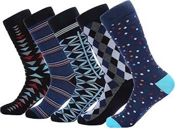 Marino Mens Patterned Dress Socks, Colorful Fun Socks, Fashion Cotton Socks - 5 Pack - Conventional Design Dress Socks