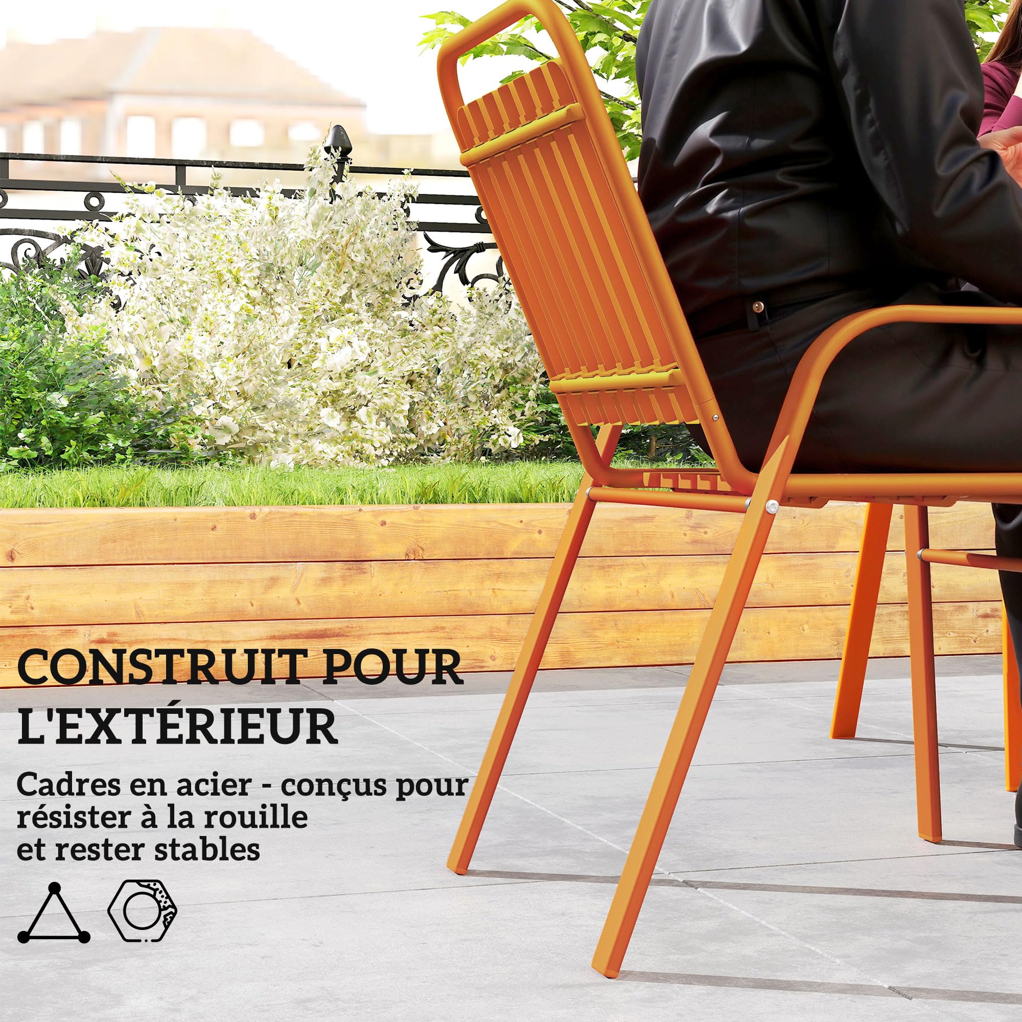 Outsunny Salon de Jardin extérieur 5 pièces, Table de Jardin extérieure avec 4 chaises empilables, Plateau à Lattes 80 cm, Structure en Acier Anti-Rouille, pour terrasse, Patio, Orange