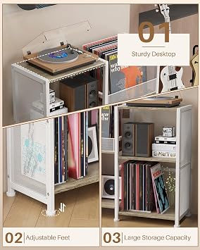3 Tier Record Player Stand,Turntable Stand for Living Room,White | End Table with Vinyls Record Storage,Record Player Cabinet for Bedroom,Music Room,Storage up to 200+ Albums