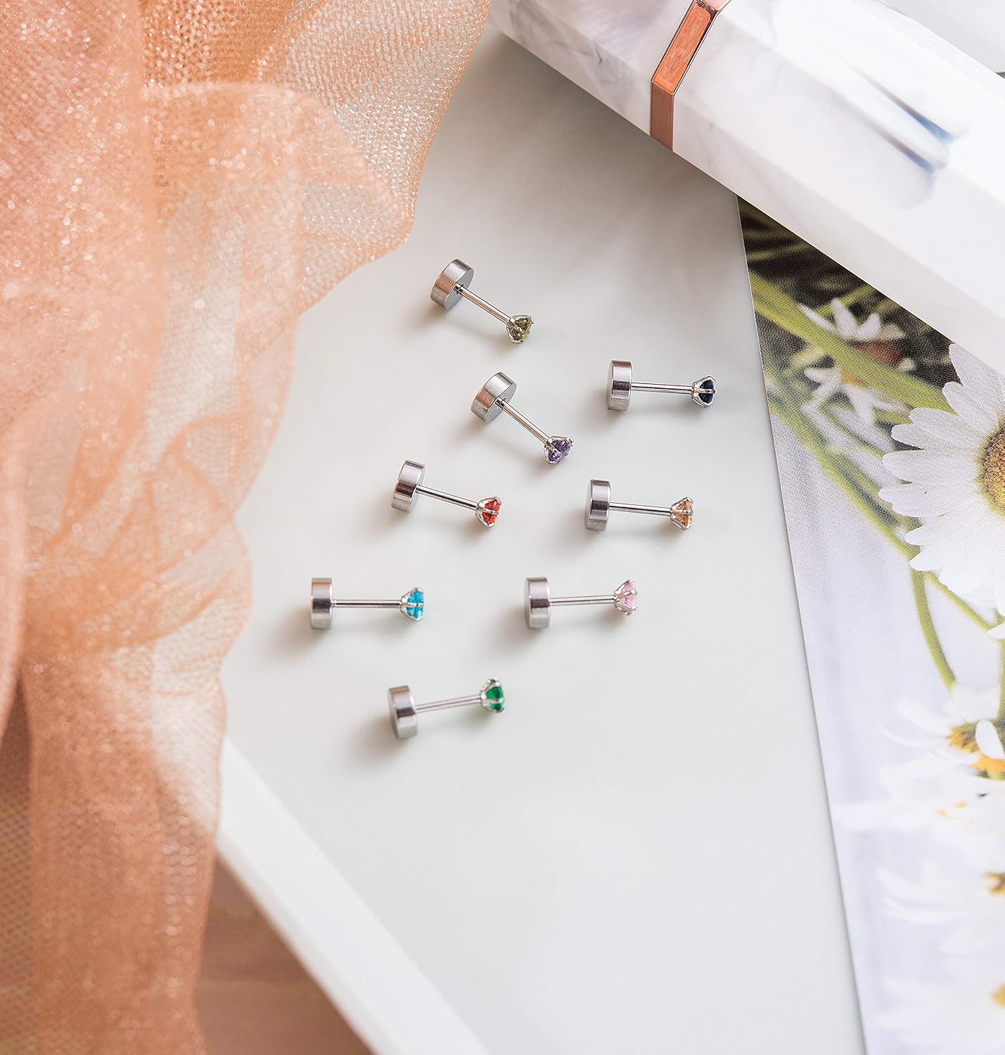 15 Pairs 20G 316L Stainless Steel CZ Stud Earrings for Women Men