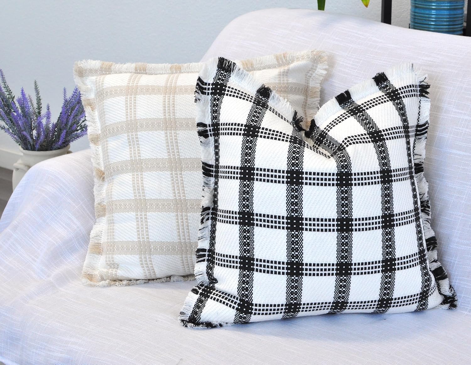 Checkered Throw Pillow Covers with Fringe Set of 2 Woven Cotton Plaid Cushion Covers With Tassels Trim Edge Square Pillow Cases Classic Scandinavian Cottagecore Checks Pattern Black and White 18x18