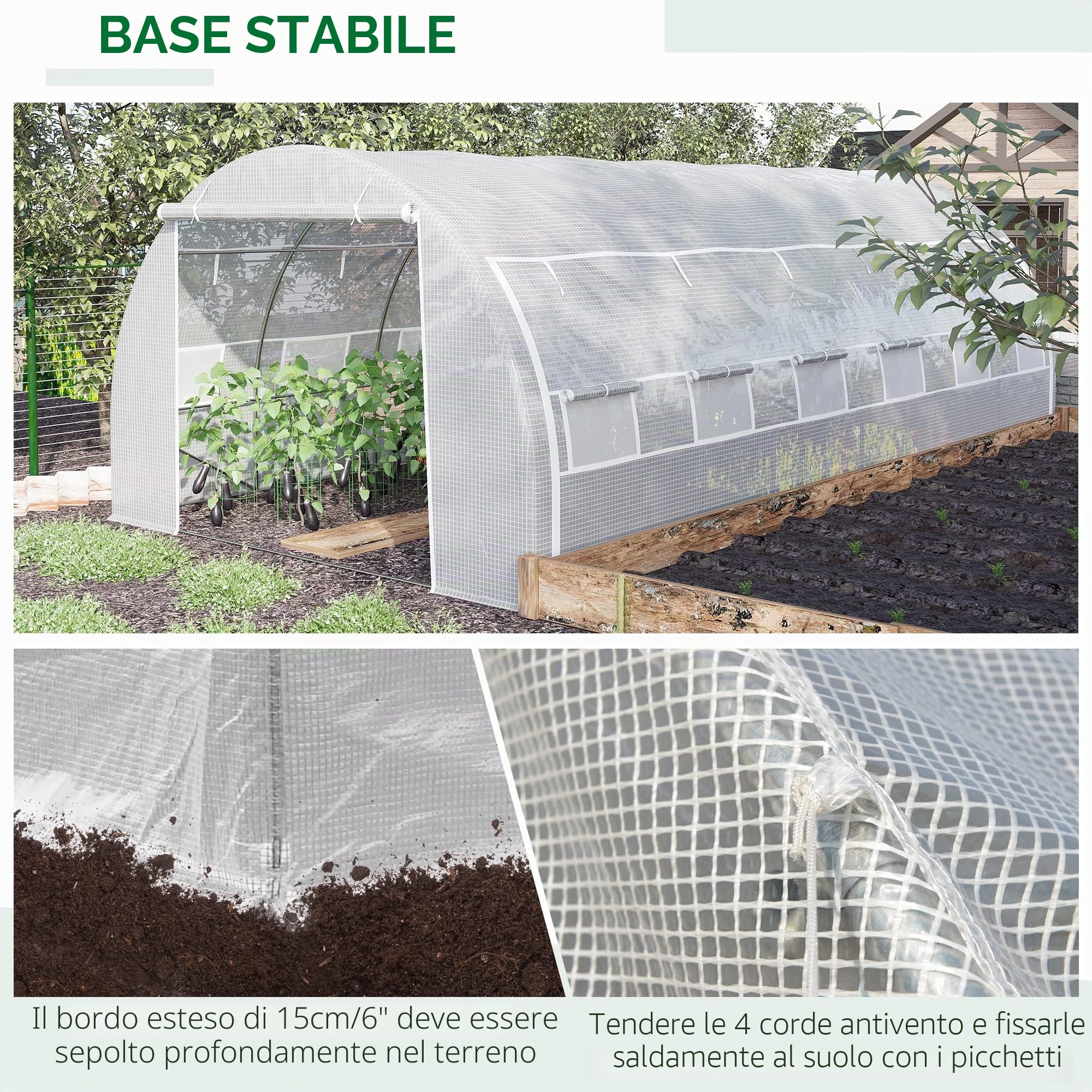 Outsunny Serra da giardino 18 m² dom. 6L x 3L x 2H m con porta + pareti laterali con cerniera arrotolabili, 12 finestre, acciaio PE ad alta densità 140 g/m² anti-UV, bianco