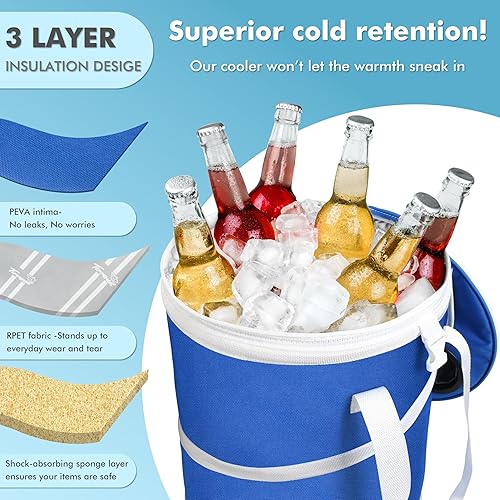 Miniatura 4 de Tirrinia Hielera grande emergente, hielera plegable aislada con mesa plana para bebidas, enfriador redondo ligero y portátil para viajes, pesca,