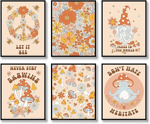 YAODAYAO Juego de 6 impresiones de arte hippie para pared, estilo vintage, lienzo de flores hippie de los años 60 y 70, pósteres retro, abstracto,