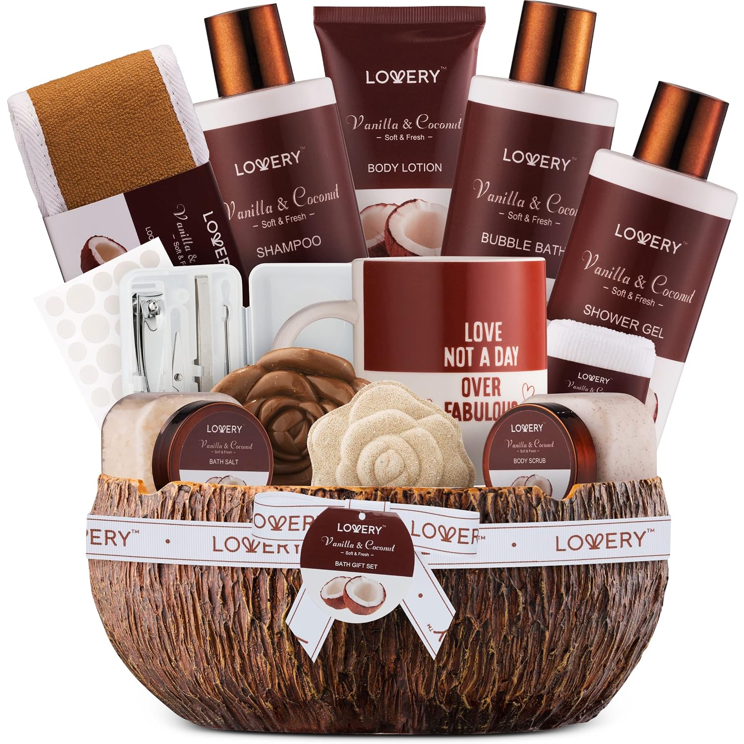 Mothers Day Mens Gifts, Coconut Bath Gift Set &amp; Shower Gift Basket, Gifts for Dad, 20pc Spa Kit for Men. Personal Self Care Kit, Dad Birthday