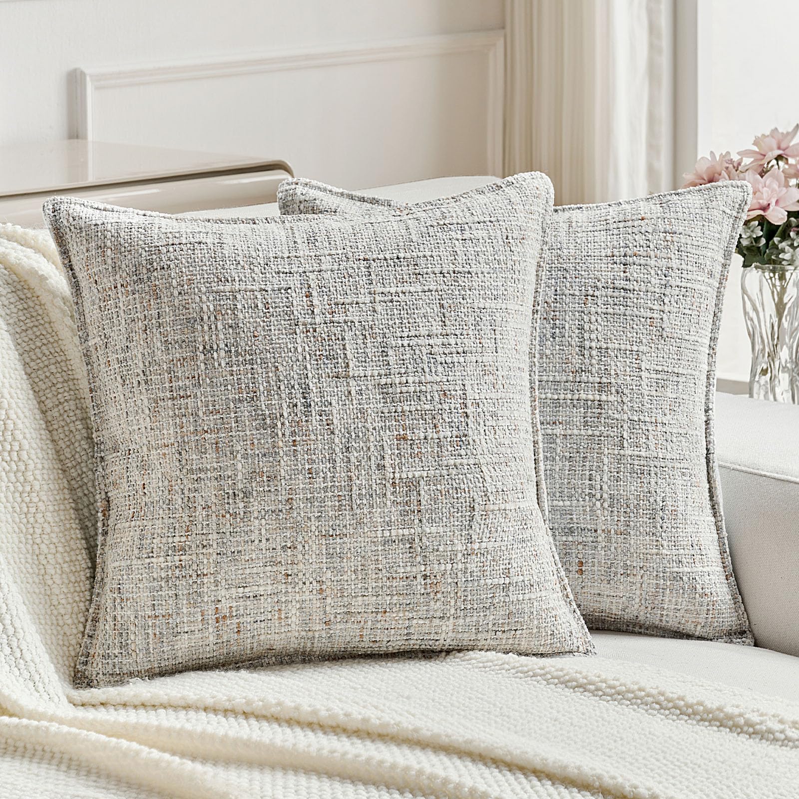 FUTEI Set of 2 Soft Tweed Chenille 40x40 cm Cushion Covers Farmhouse Micro-Check Textured Scatter Pillow Covers 40 x 40 cm Vintage Accent for Sofa Bed Living Room, Grey — image 1