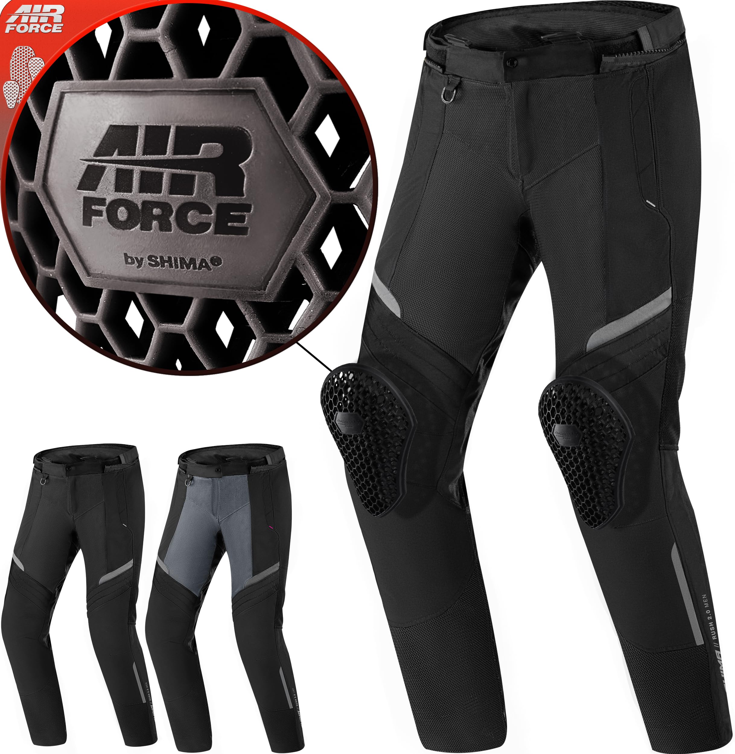 SHIMA RUSH Motorcycle Trousers for Men AIRFORCE Knee Protectors Motorbike Armoured Motorbike Suit Lightweight Protective Ventilated Reinforced Armored Bike (Mens, Trousers Vented, Black, XL)