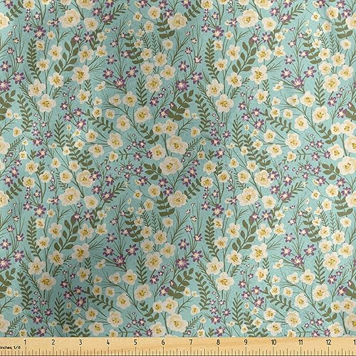 Ambesonne Spring Fabric by The Yard, Continuous Floral Pattern Meadow Flowers and Herbs Romantic Nature Print, Decorative Satin Fabric for Home
