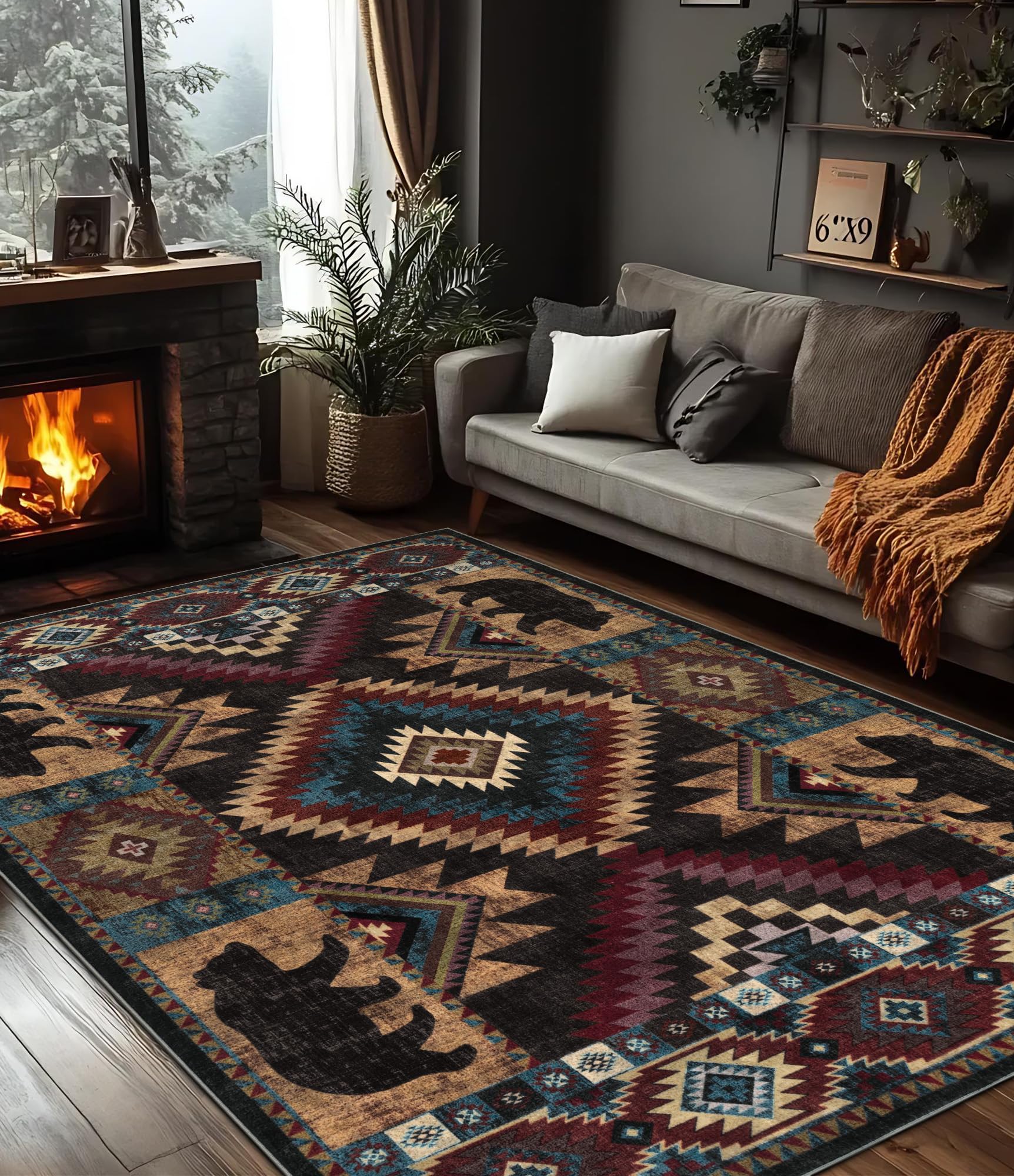 YIHOUSE Rustic Cabin Area Rug for Bedroom 5x7 Machine Washable Lodge Bear Rug Non-Slip Low Pile Print Pattern