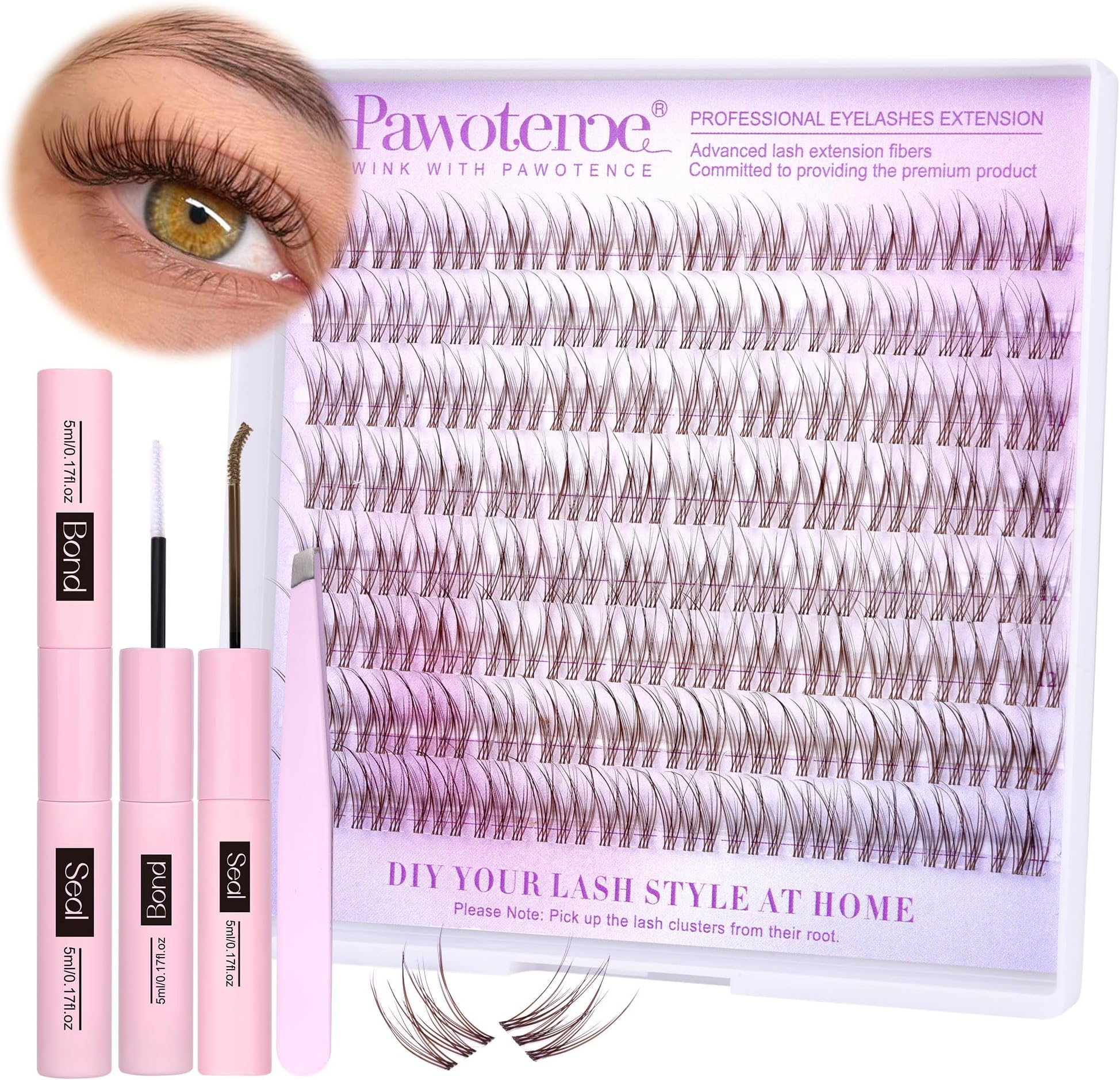 Pawotence Brown Lash Extension Kit Lash Clusters Wispy clear Band 10-12mm Individual Lashes Natural Brown Clusters Eyelash Extension Kit with Lash Bond and Seal, Lash Applicator for Self Use