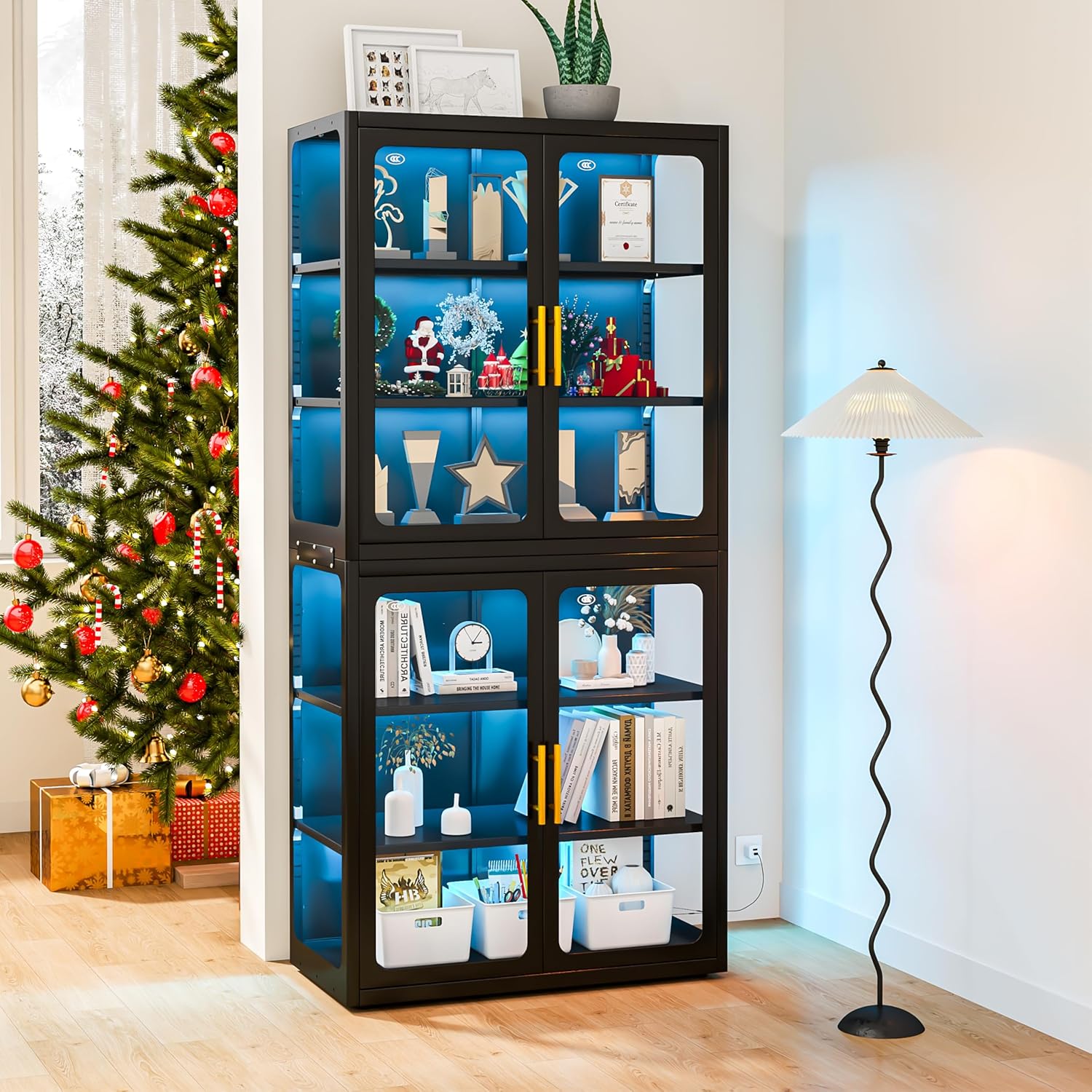 Display Cabinet with Glass Doors, 6-Tier 67" Curio Cabinet with Multi-Color LED Lights and 4 Adjustable Shelves, Glass Display Case for Collectibles, Bookcase,Metal Storage Cabinets (Black, 67"H)