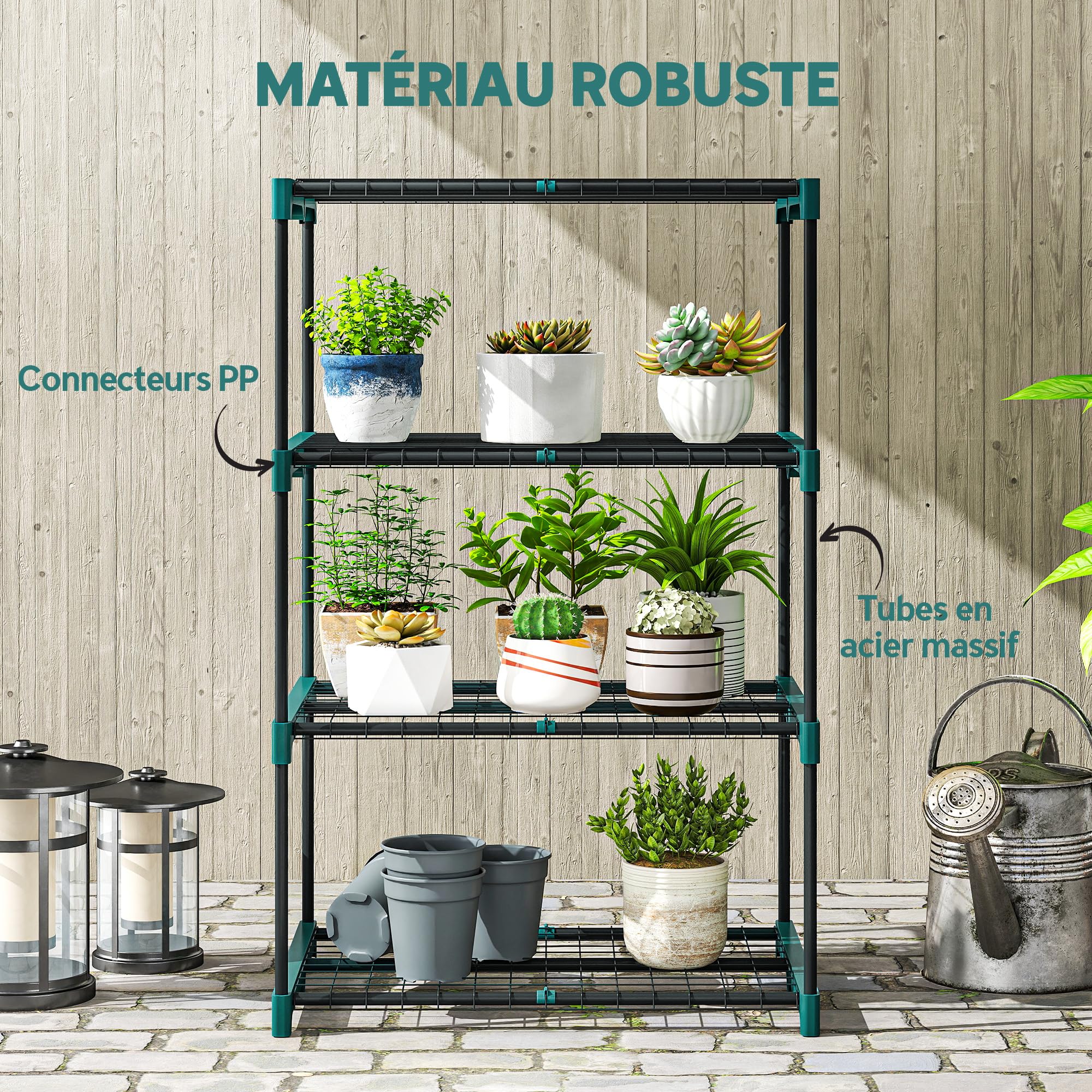 Outsunny Étagère à Fleurs en Acier 4 Niveaux Intérieur et Extérieur, Support de Plantes, Étagère à Plantes pour Jardin, Balcon, Salon, 67 x 49 x 105 cm, Vert