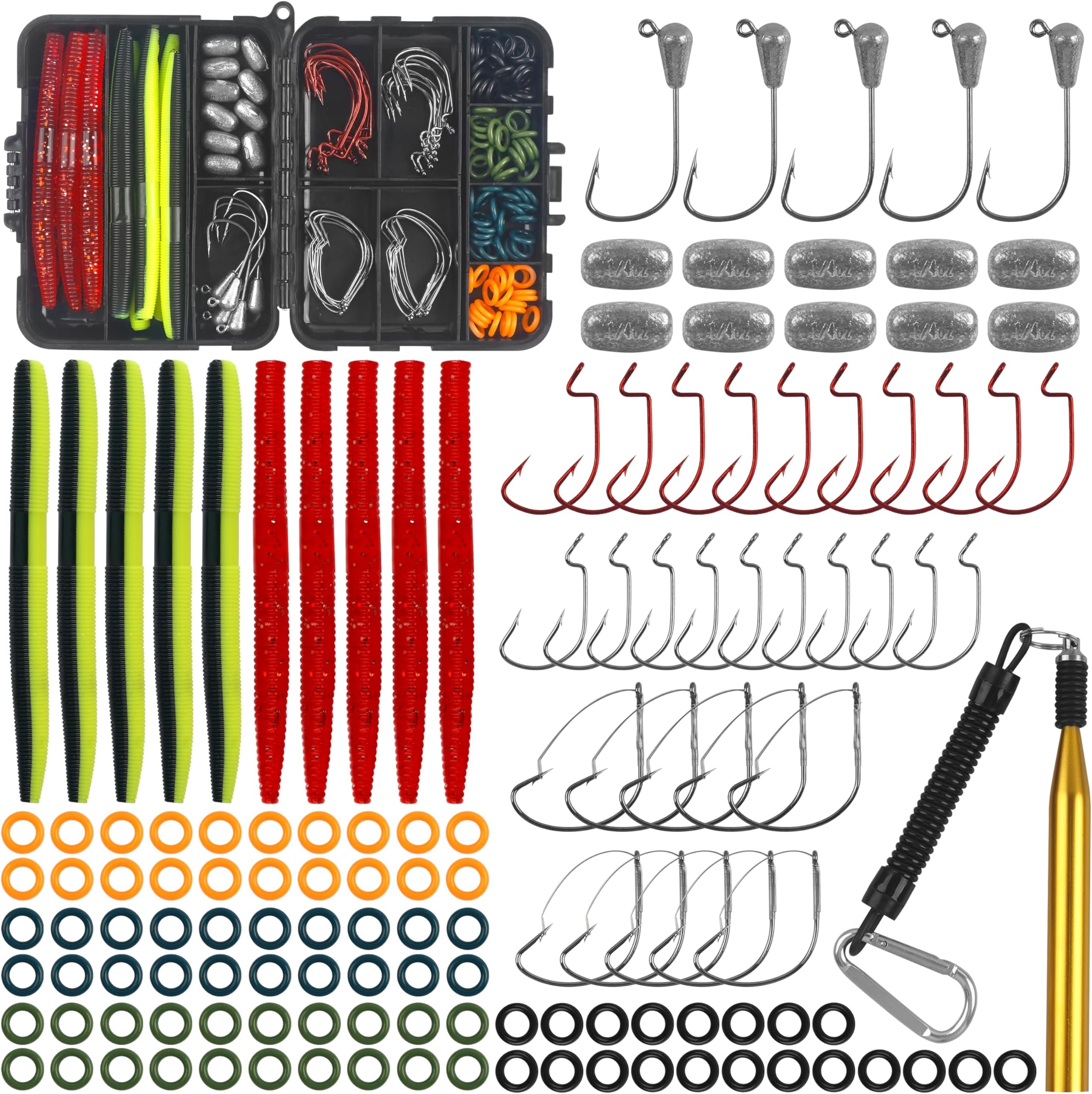 JSHANMEI Wacky Rig Fishing Worm Kit, Wacky Soft Bait Weedless Hook Jig Head Hook O-Rings Wacky Rig Tool Fishing Lures Tackle Box Kit