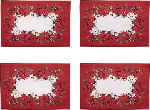 Newbridge Christmas Blooming Poinsettias Double Bordered Set of 4 Fabric Placemats, Holiday Red and White Poinsettia Dining Placemats