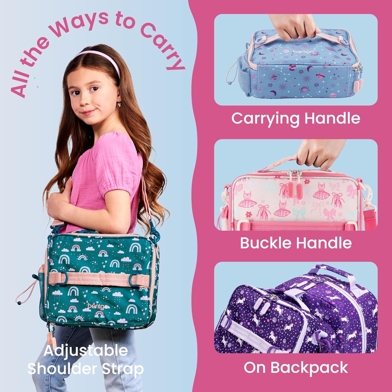 Bentgo Kids Prints Double-Insulated Reusable Lunch Bag | For Kids 3+, Adjustable Strap; Holds Lunch Box/Water Bottle/Snacks; Easy-Clean, Water-Resistant, Pocket (NEW Blooming Floral)