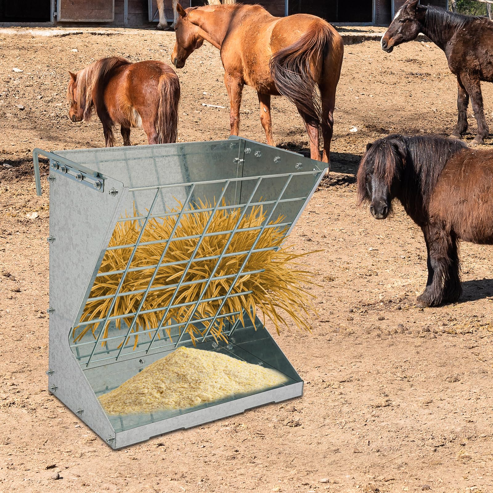 Comedero 2 en 1 para heno y cereales, comedero colgante para cabras, ovejas y caballos (plata)
