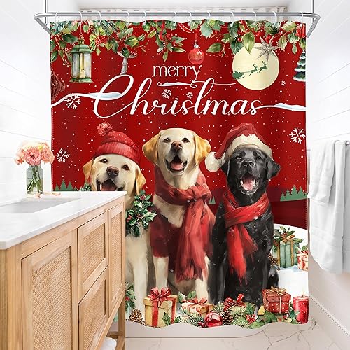Miniatura 10 de AMBZEK Cortina de ducha con diseño de gato de Feliz Navidad, 60 pulgadas de ancho x 72 pulgadas de largo, diseño de copos de nieve, árbol de pino,