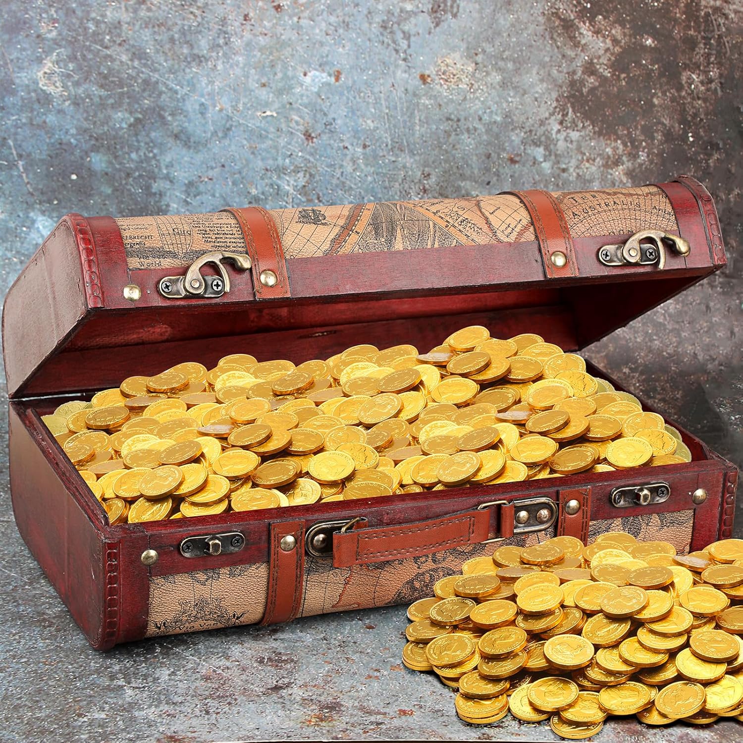 ELLDOO Vintage Wooden Storage Chest, Portable Decorative Luggage Suitcase, Treasure Chest Box with Map Pattern, Pirate Keepsakes Box for Gifts, Chest Storage Box for Decor Storage Travel - Image 9