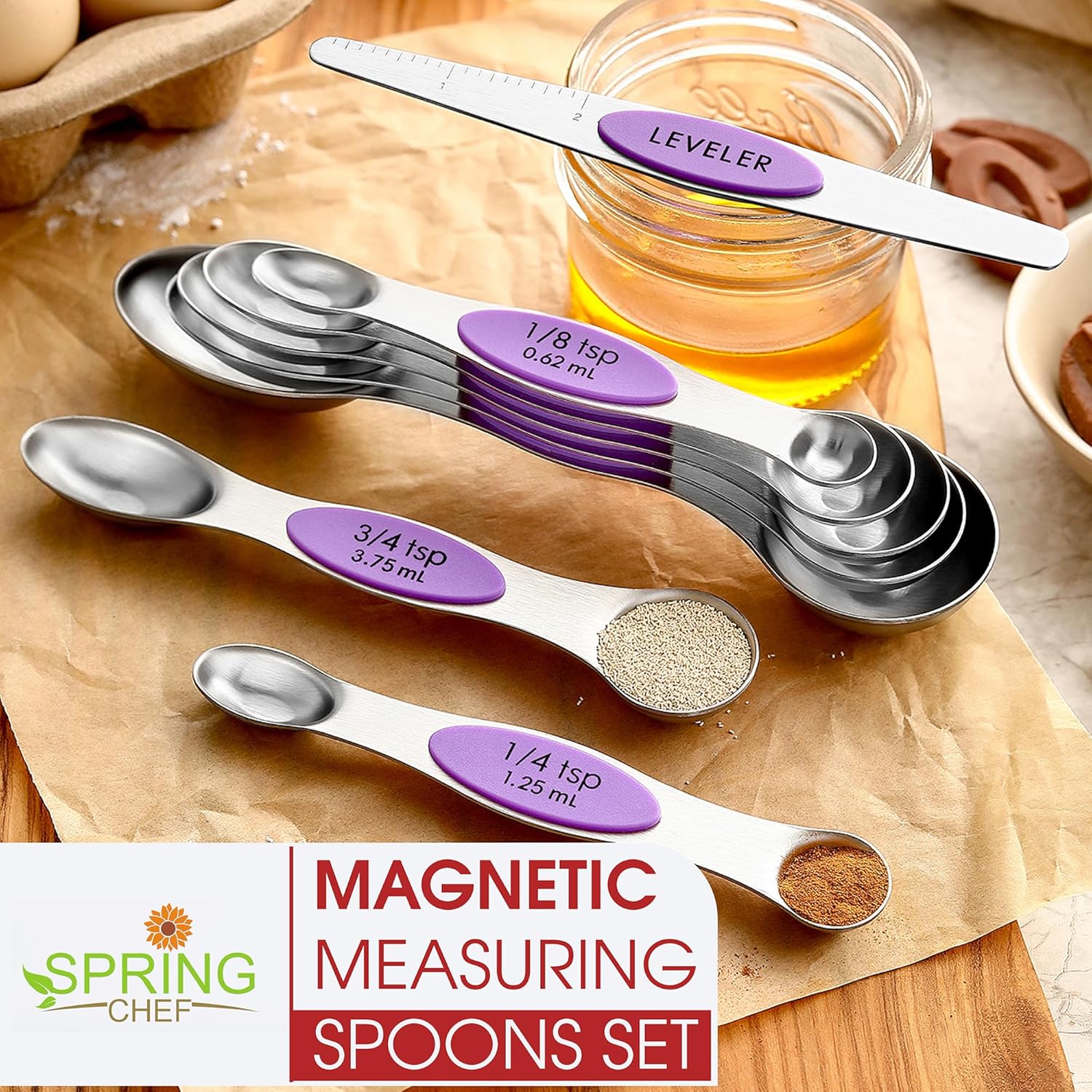 Spring Chef Stainless Steel Magnetic Measuring Spoons Set of 8 with Leveler, Nesting Metal Teaspoon & Tablespoon Measuring Spoons for Food, Heavy Duty Kitchen Gadgets for Baking & Cooking - Orchid