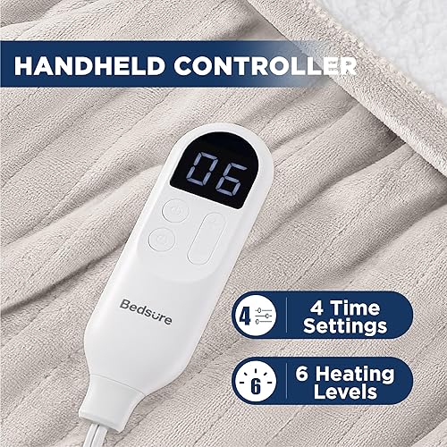Miniatura 6 de Bedsure Manta térmica eléctrica, manta eléctrica de franela suave, manta térmica con 4 ajustes de tiempo, 6 ajustes de calor y temporizador de 3