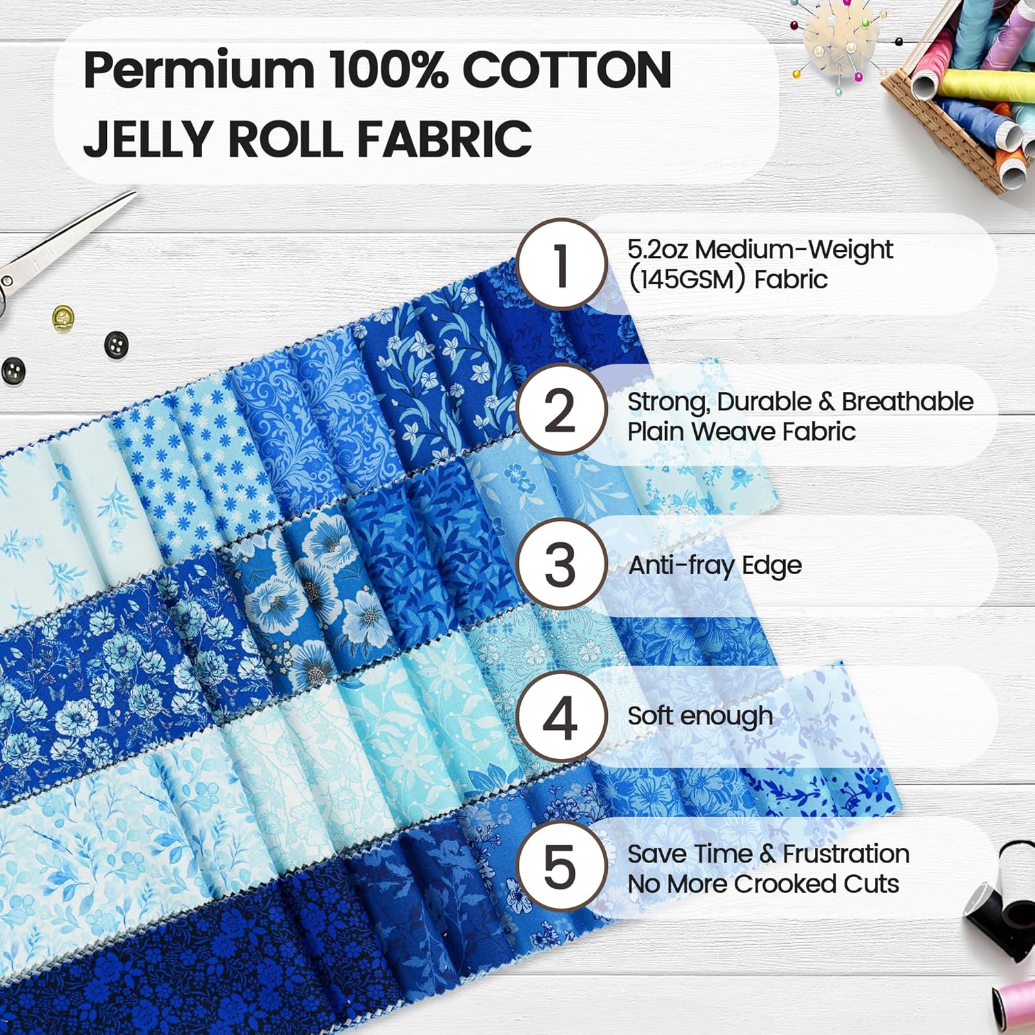 Craftido-18 Options-100% Cotton Jelly Roll Fabric Precut Strips for Quilting, Crafting, and Sewing, 40 Strips 2.5" x 44" Assorted Bundles for Rug, Quilt Project, DIY Craft and Home Decor-Timeless Blue