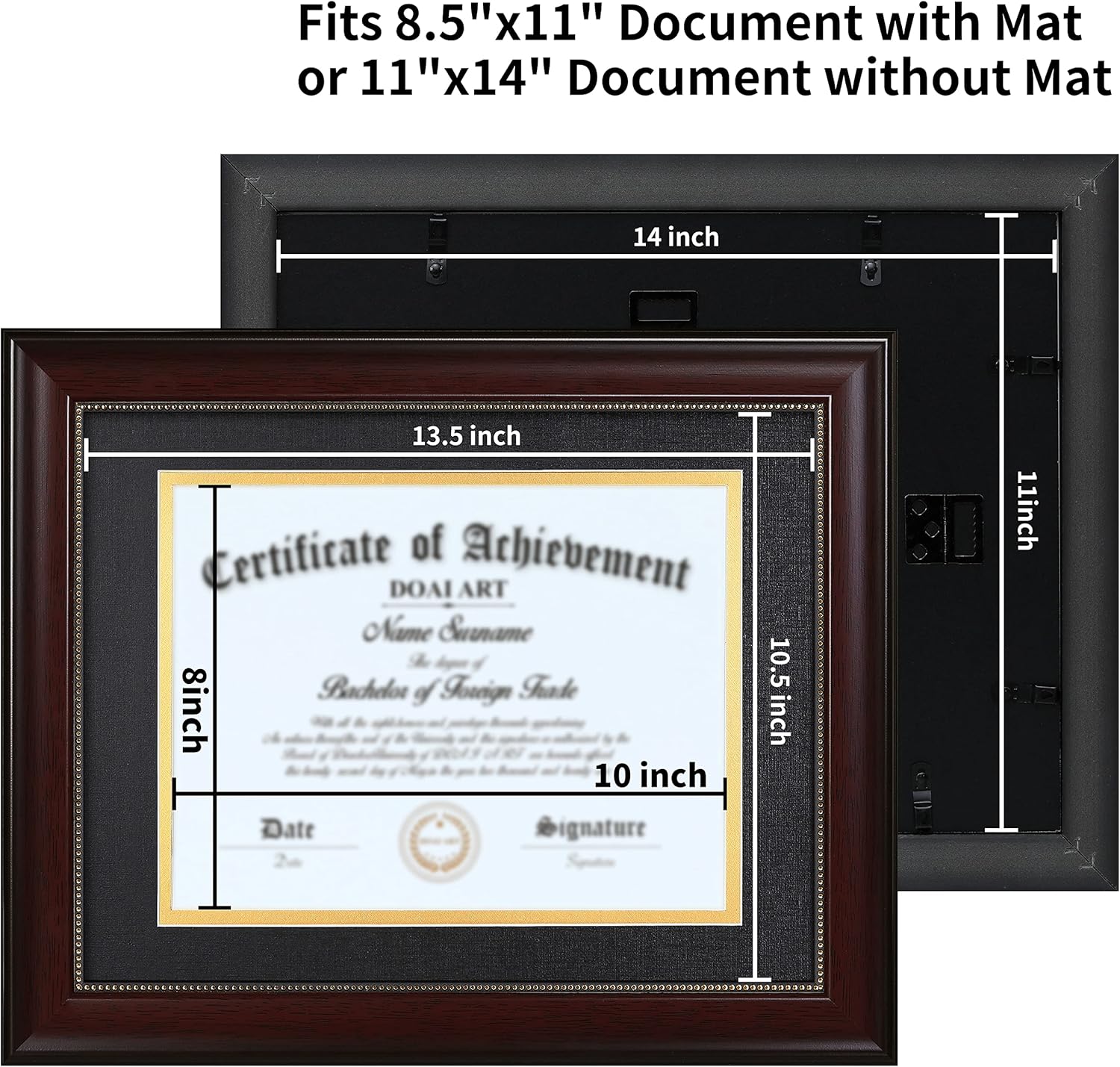 DOAI ART 8.5 x 11 Diploma Frame Set of 2 Classic Mahogany with Black and Gold Double Mat or Displays Document&Certificate 11x14-inch Without Mat,Wide Molding, Gold Beads Hanging Hardware Included,