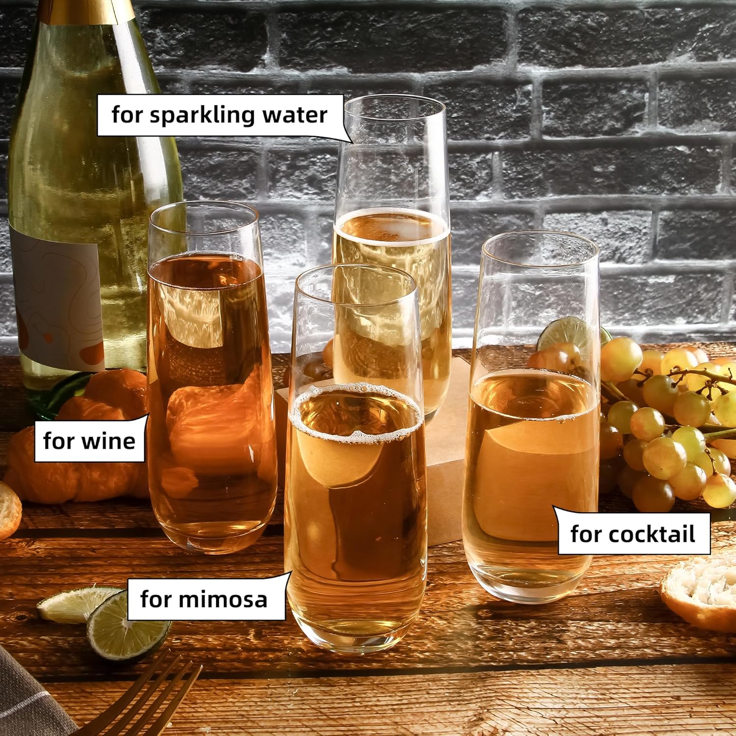 YANGNAY Stemless Champagne Flutes Set of 12, 8 oz - Clear Glass Toasting Glasses for Mimosa - Elegant Beverage Glassware - Image 3